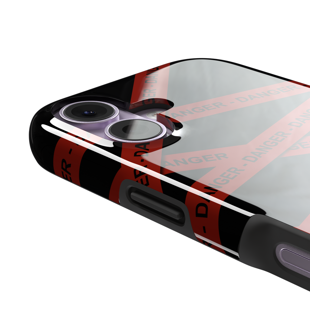 Black phone case with criss-crossing red danger tape strips printed diagonally across the back, featuring bold repeated DANGER text in black lettering — tough case, volume buttons detail