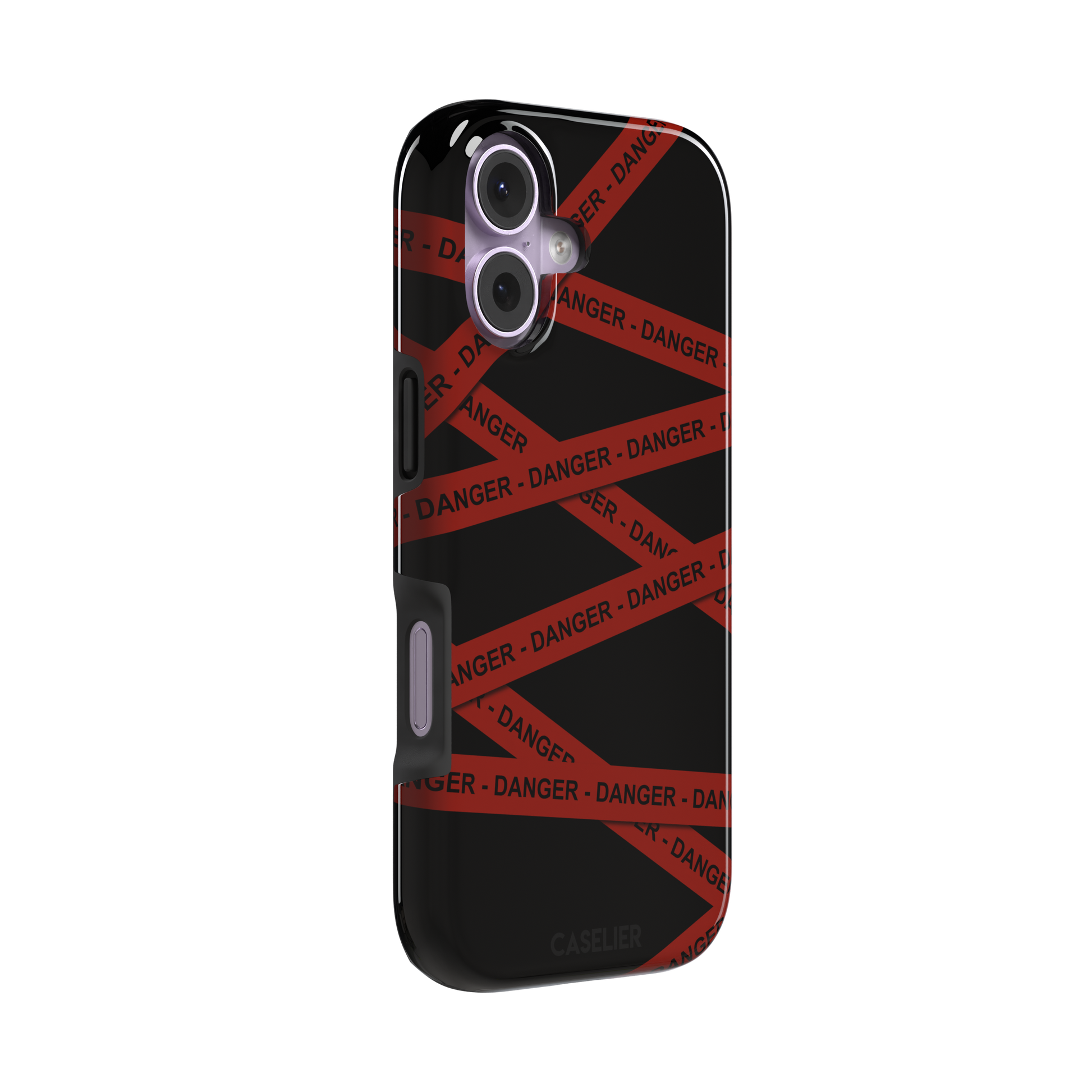 Black phone case with criss-crossing red danger tape strips printed diagonally across the back, featuring bold repeated DANGER text in black lettering — tough case, left view