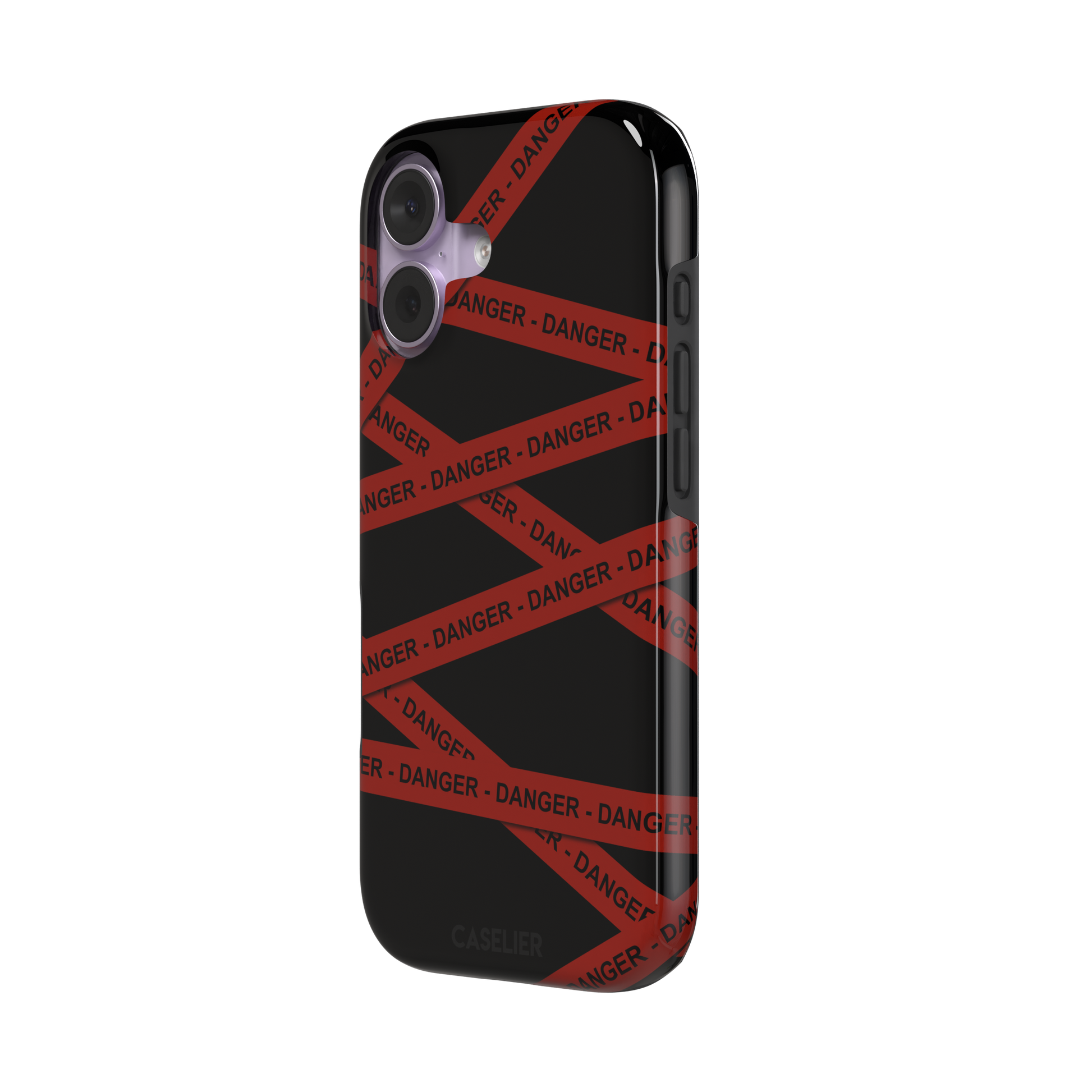 Black phone case with criss-crossing red danger tape strips printed diagonally across the back, featuring bold repeated DANGER text in black lettering — tough case, right view