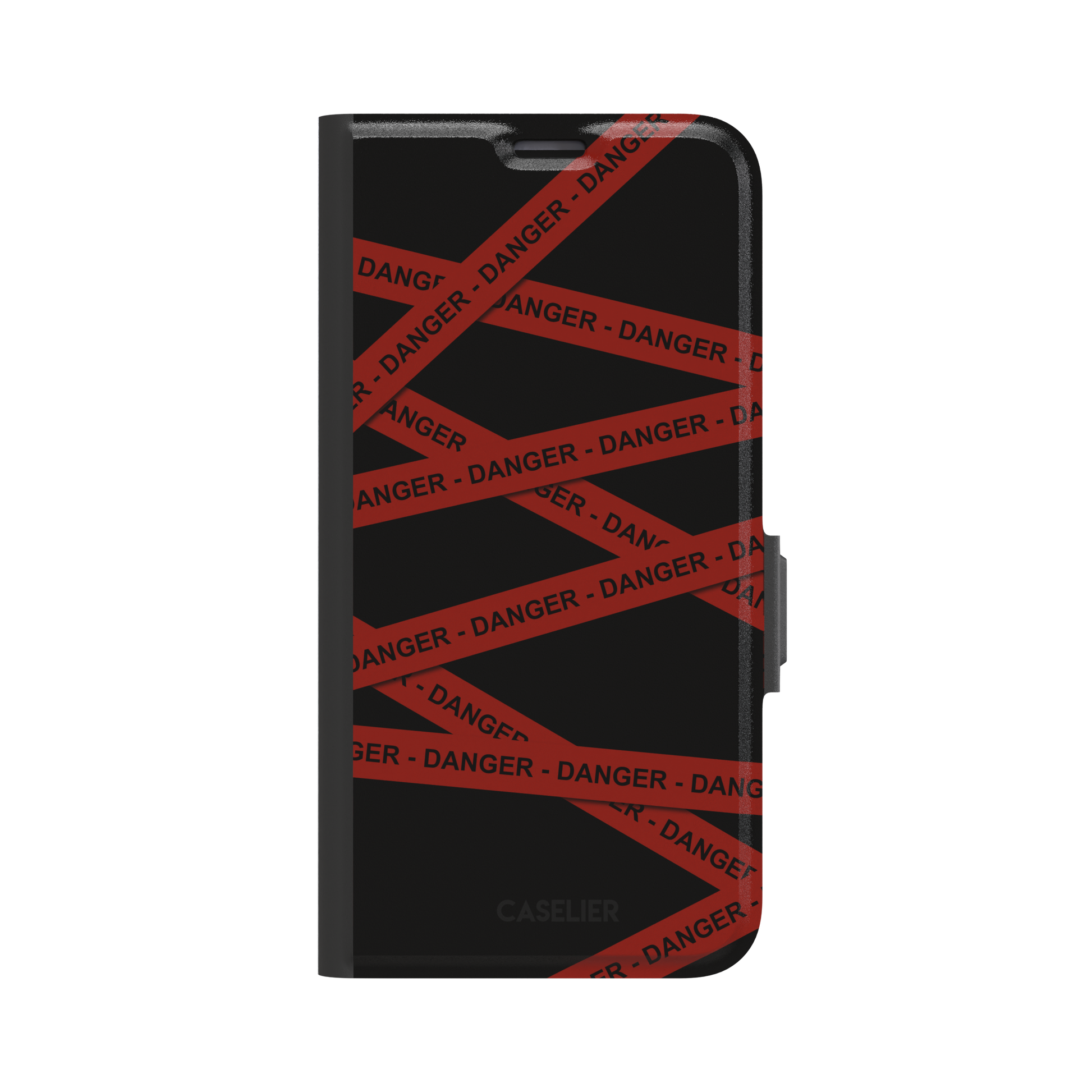 Black phone case with criss-crossing red danger tape strips printed diagonally across the back, featuring bold repeated DANGER text in black lettering — wallet case, front view