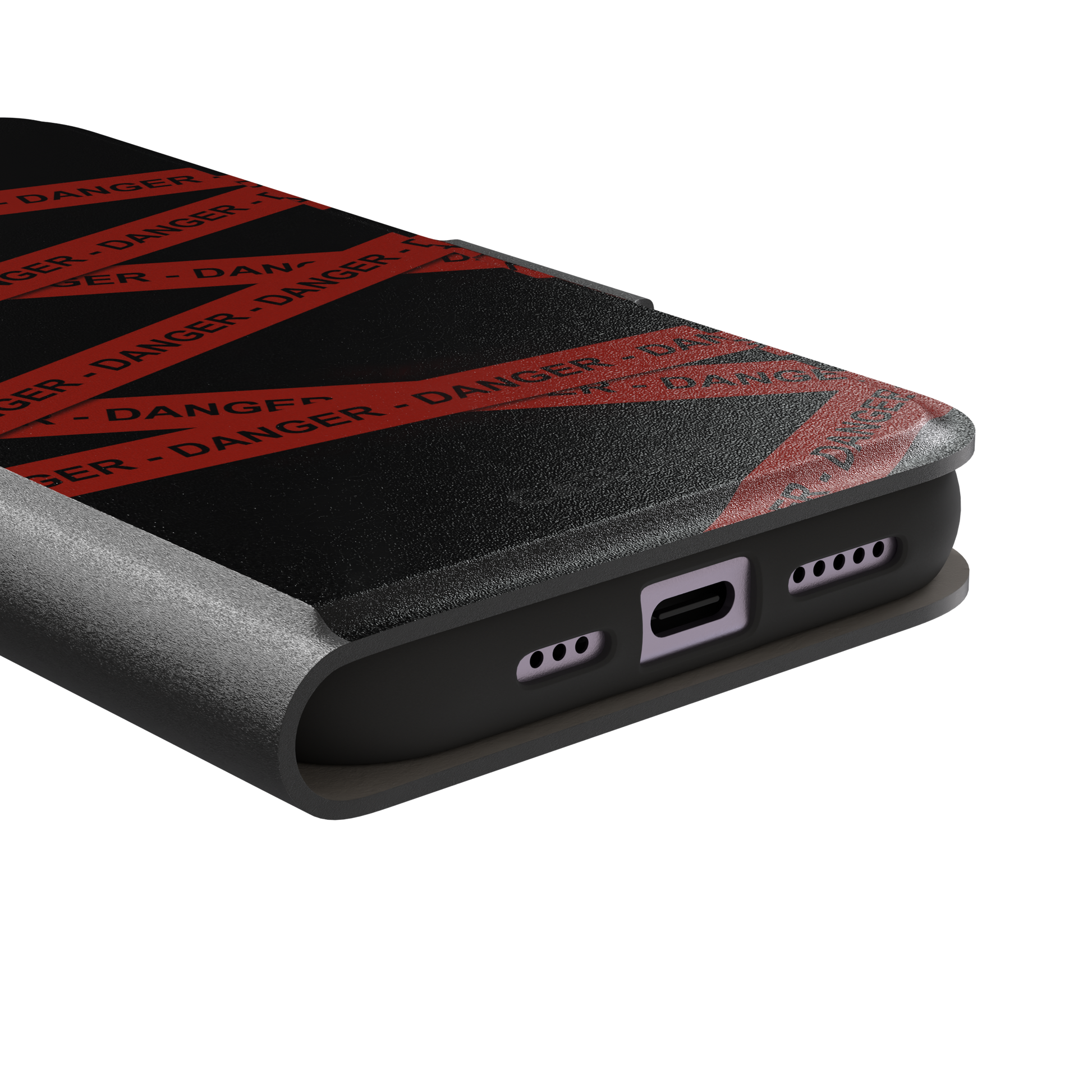 Black phone case with criss-crossing red danger tape strips printed diagonally across the back, featuring bold repeated DANGER text in black lettering — wallet case, charging port detail