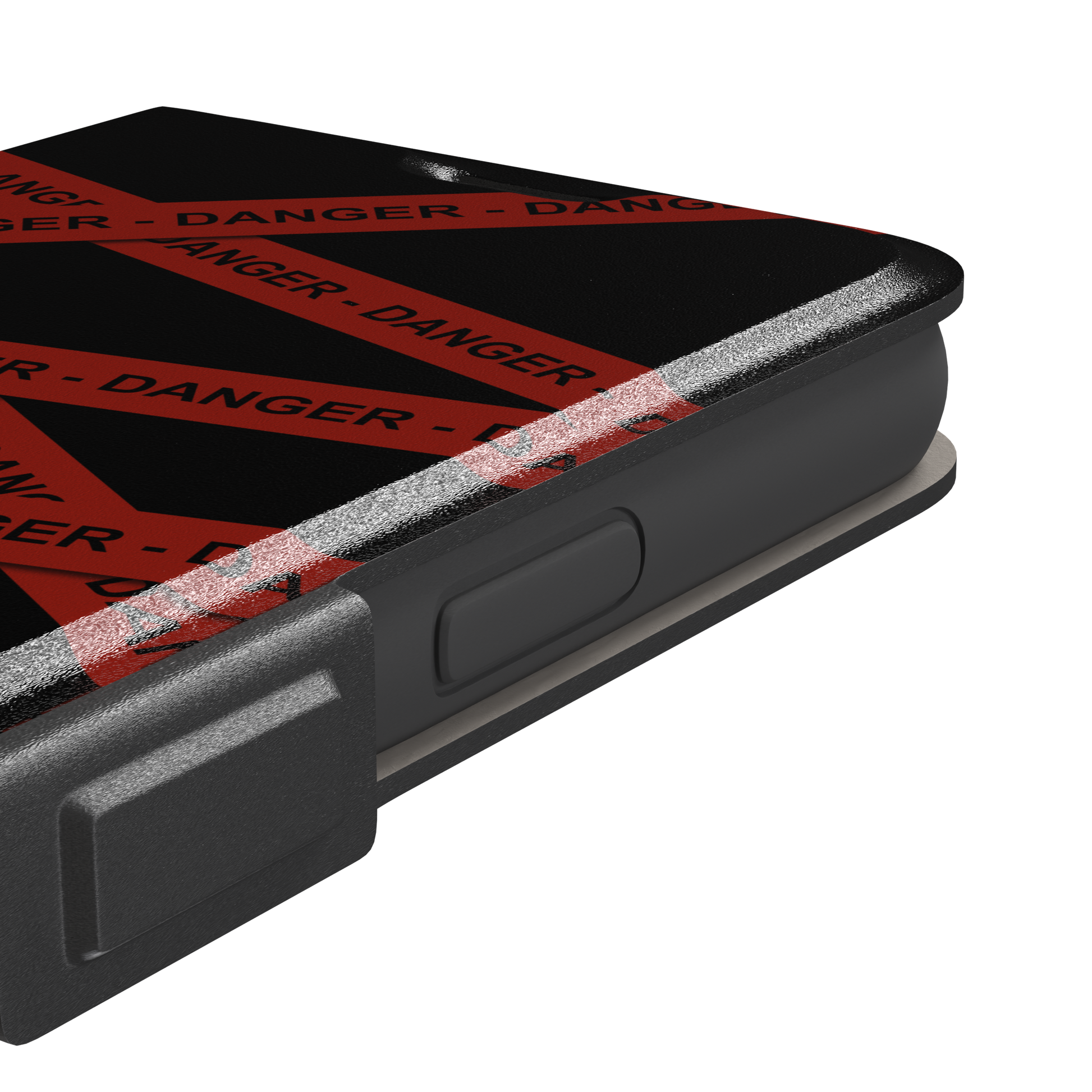 Black phone case with criss-crossing red danger tape strips printed diagonally across the back, featuring bold repeated DANGER text in black lettering — wallet case, volume buttons detail