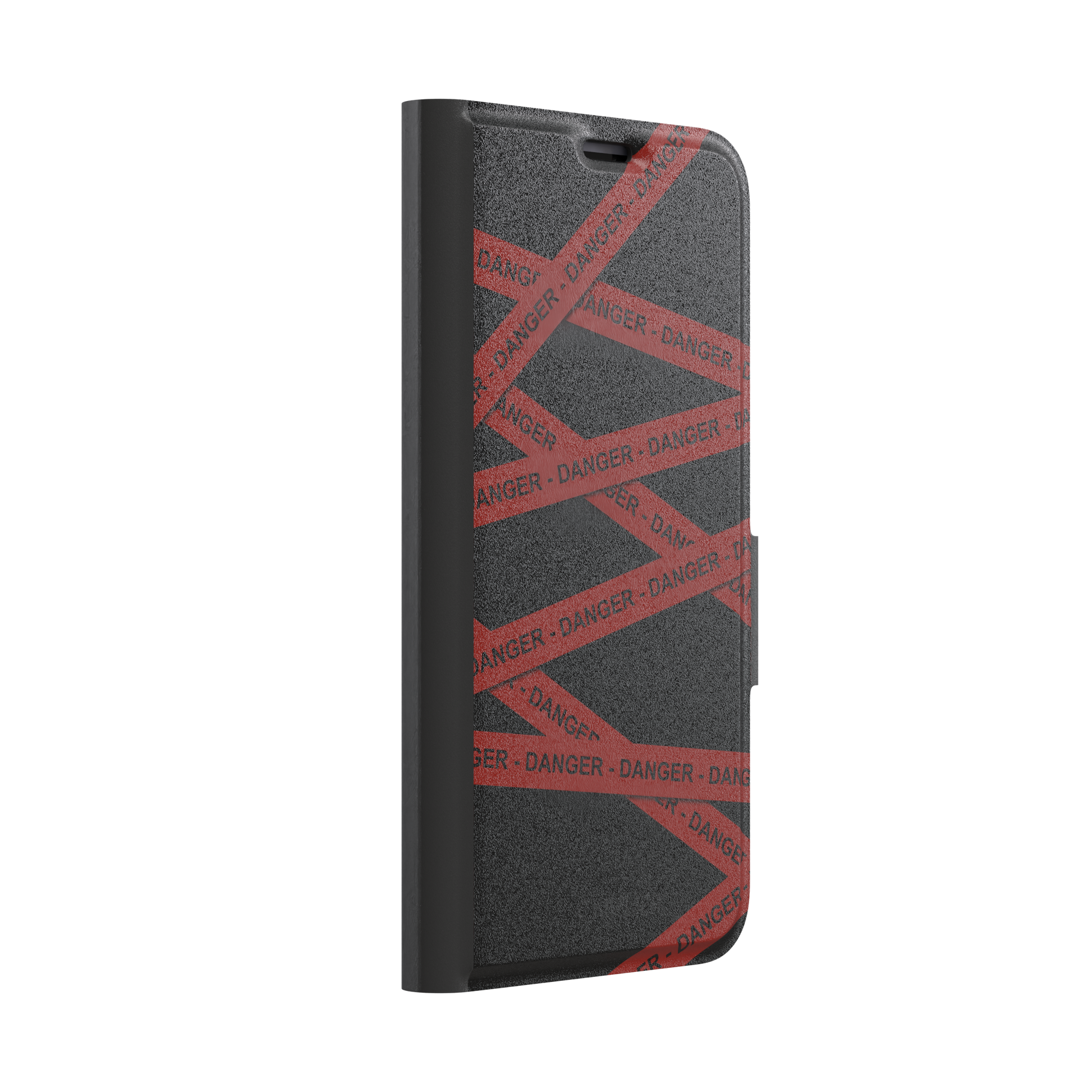 Black phone case with criss-crossing red danger tape strips printed diagonally across the back, featuring bold repeated DANGER text in black lettering — wallet case, left view