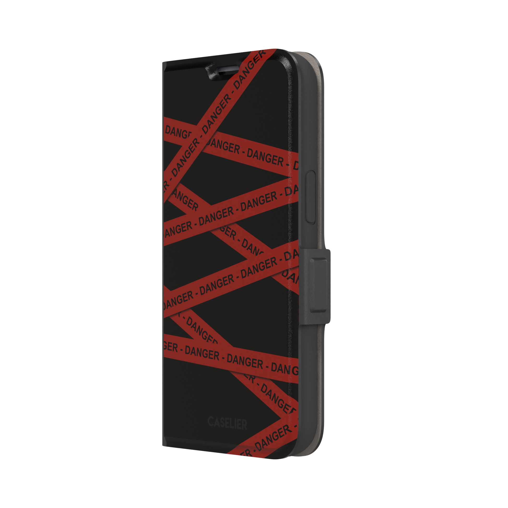 Black phone case with criss-crossing red danger tape strips printed diagonally across the back, featuring bold repeated DANGER text in black lettering — wallet case, right view