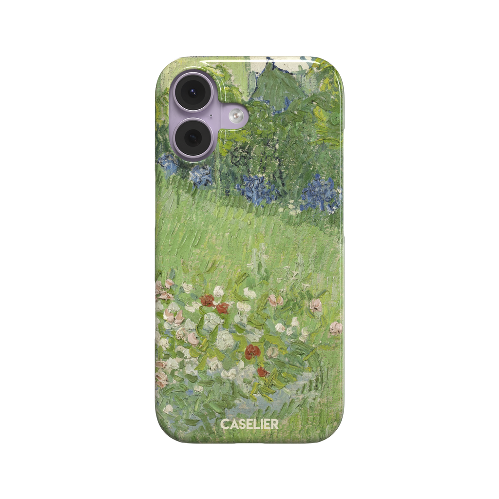 Daubigny's Garden by Vincent van Gogh phone case featuring lush green fields, blue irises, and scattered red and white wildflowers in impasto oil painting style — snap case, front view