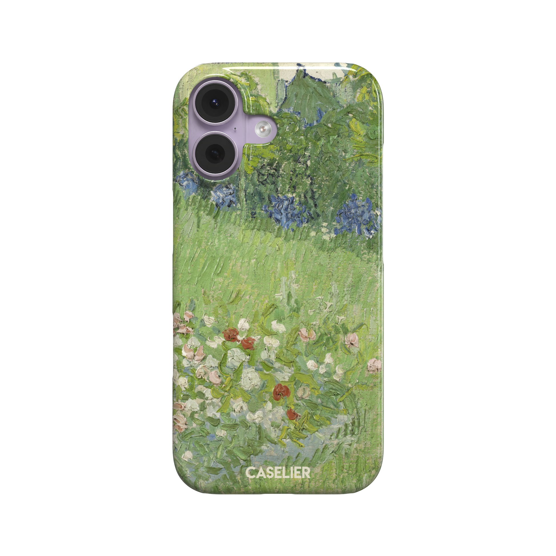 Daubigny's Garden by Vincent van Gogh phone case featuring lush green fields, blue irises, and scattered red and white wildflowers in impasto oil painting style — snap case, front view