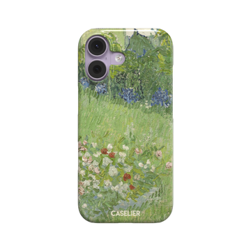 Daubigny's Garden by Vincent van Gogh phone case featuring lush green fields, blue irises, and scattered red and white wildflowers in impasto oil painting style — snap case, front view