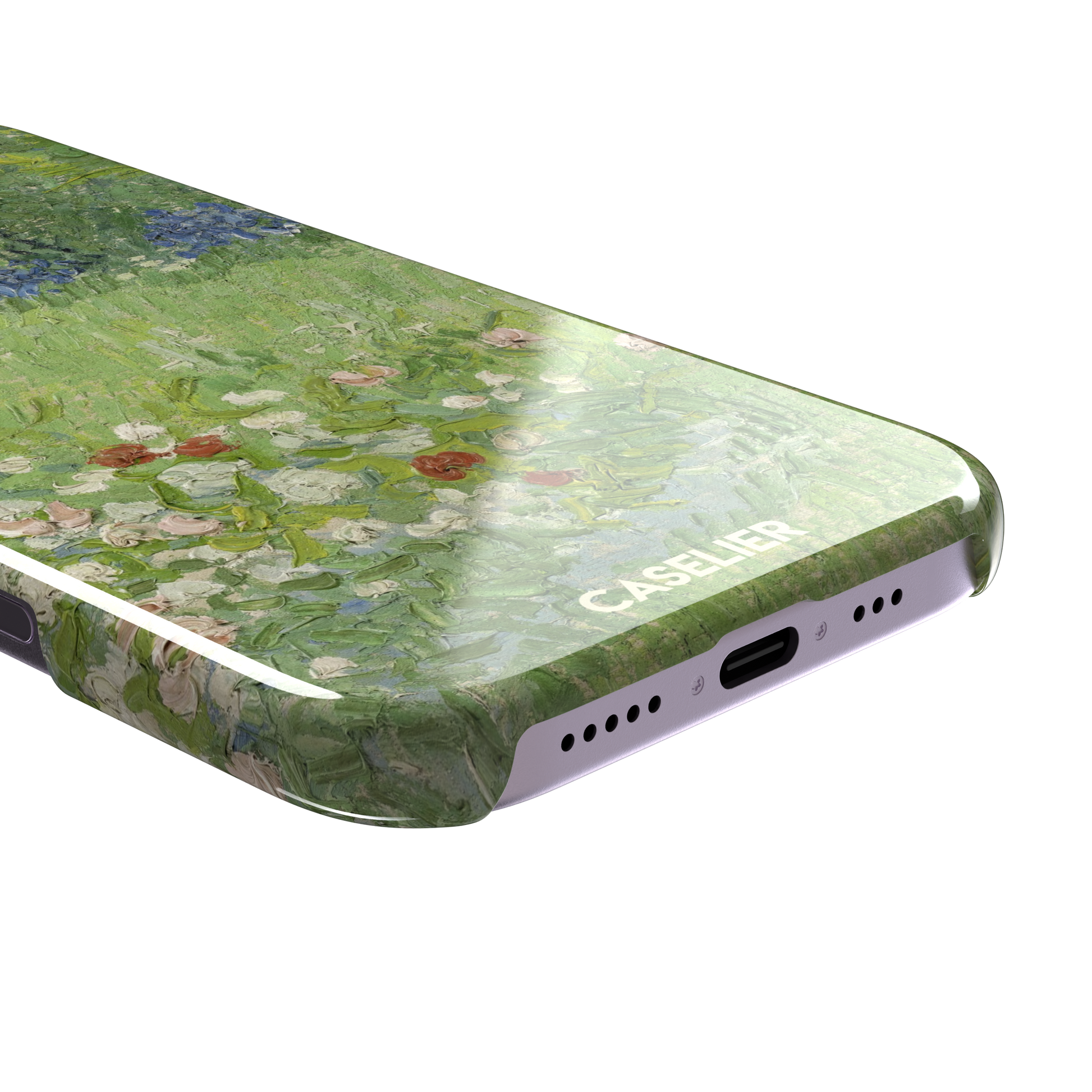 Daubigny's Garden by Vincent van Gogh phone case featuring lush green fields, blue irises, and scattered red and white wildflowers in impasto oil painting style — snap case, charging port detail