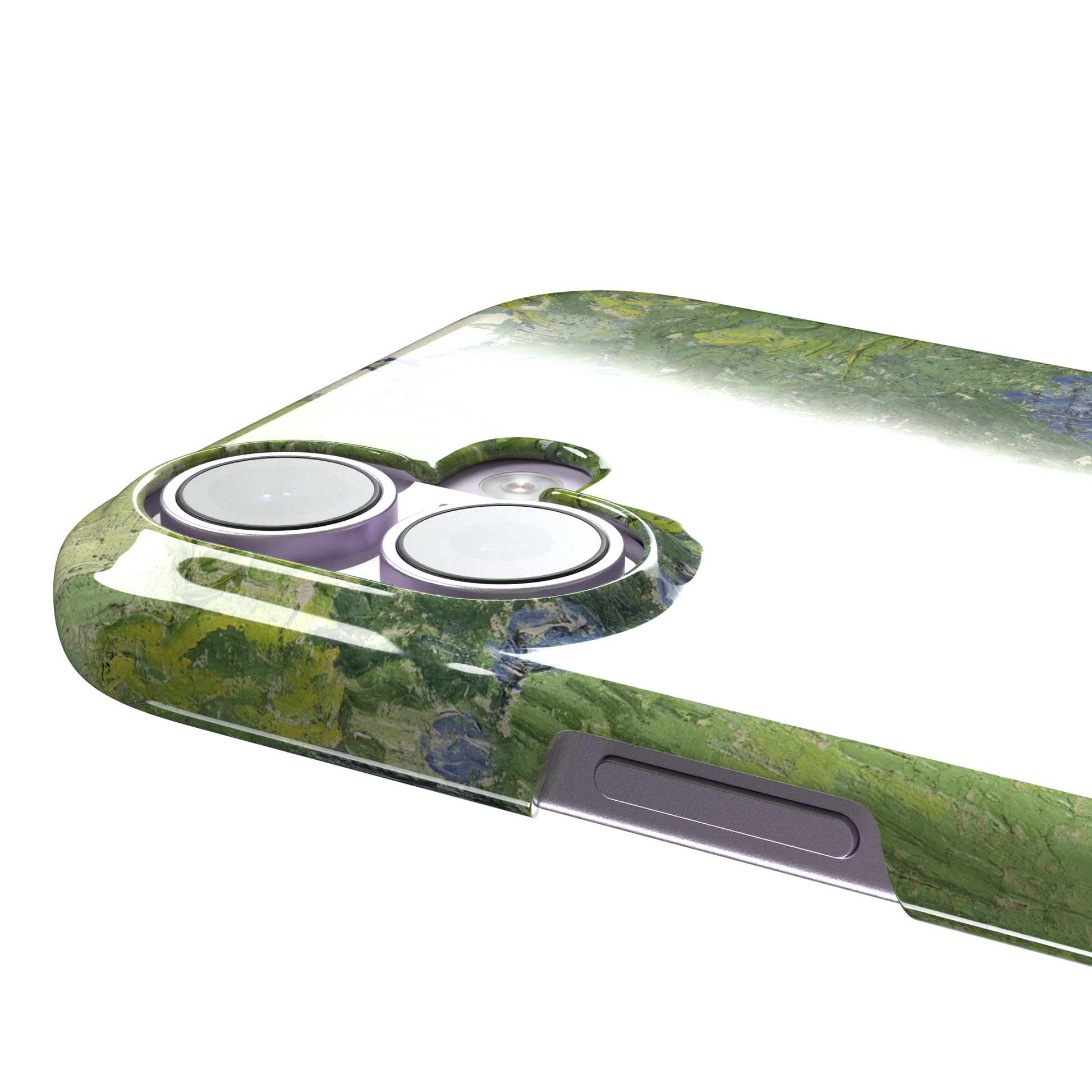 Daubigny's Garden by Vincent van Gogh phone case featuring lush green fields, blue irises, and scattered red and white wildflowers in impasto oil painting style — snap case, volume buttons detail