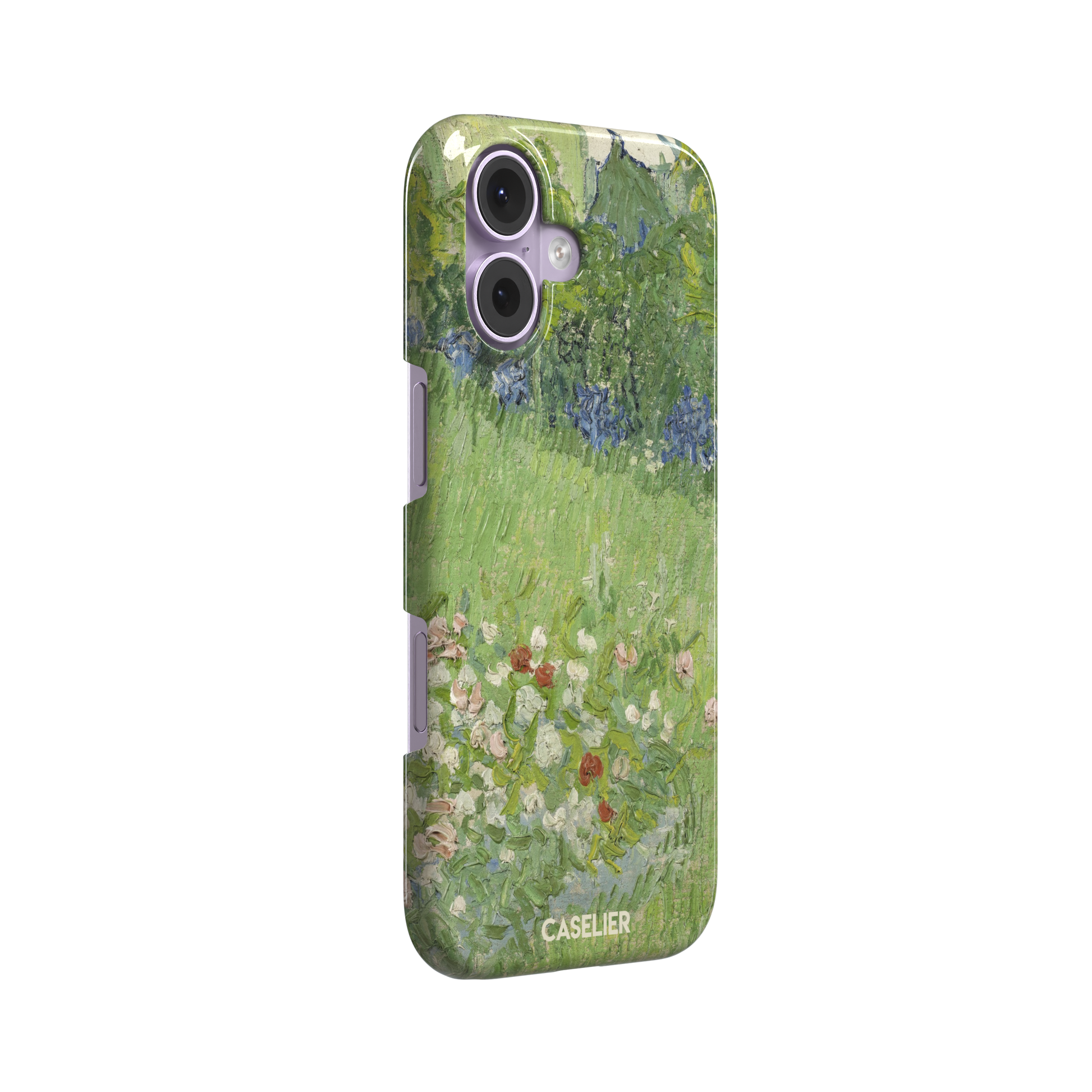 Daubigny's Garden by Vincent van Gogh phone case featuring lush green fields, blue irises, and scattered red and white wildflowers in impasto oil painting style — snap case, left view