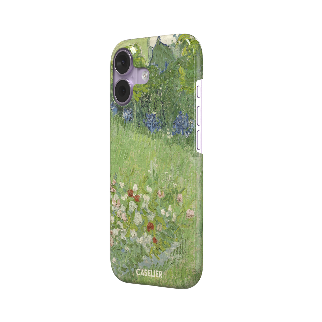 Daubigny's Garden by Vincent van Gogh phone case featuring lush green fields, blue irises, and scattered red and white wildflowers in impasto oil painting style — snap case, right view