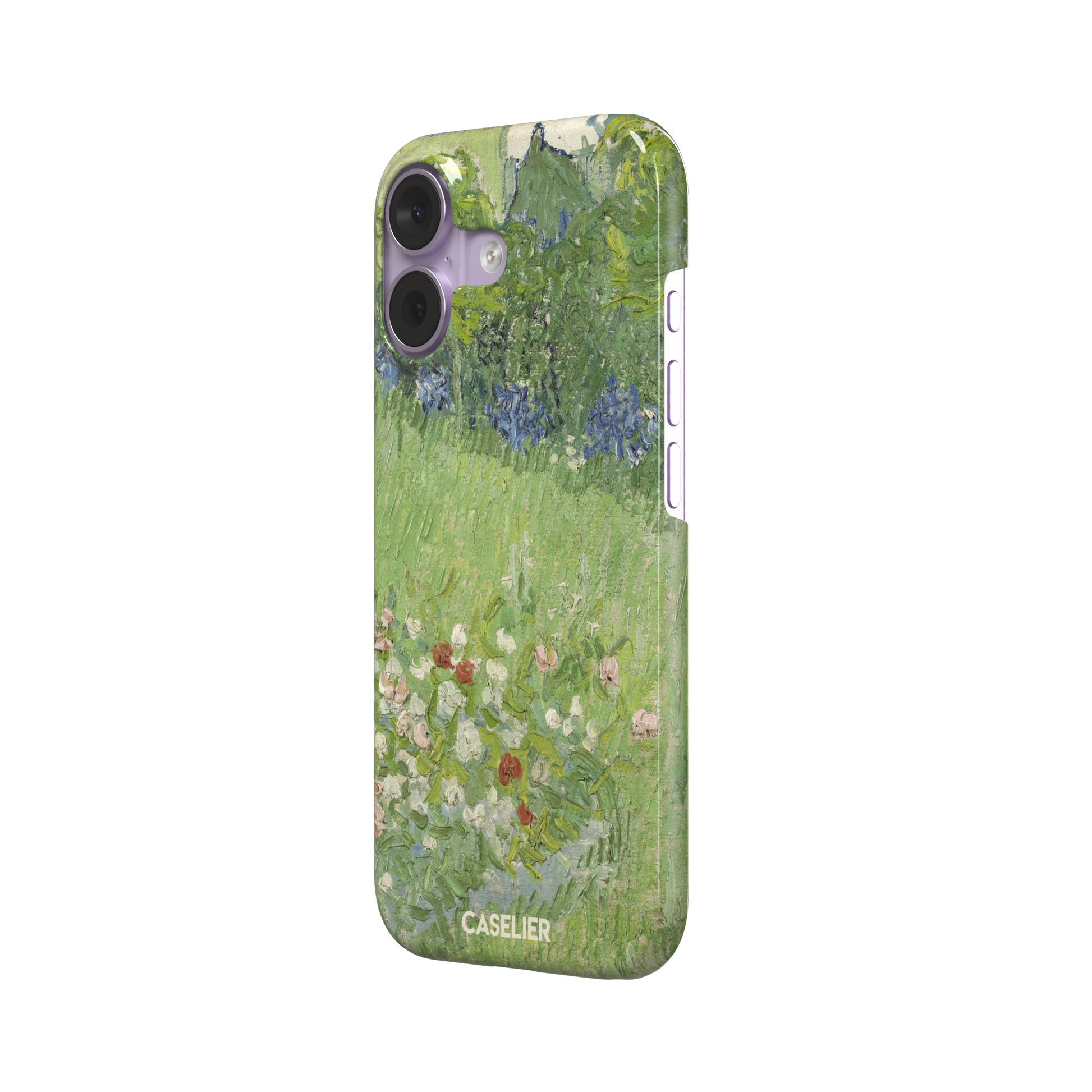 Daubigny's Garden by Vincent van Gogh phone case featuring lush green fields, blue irises, and scattered red and white wildflowers in impasto oil painting style — snap case, right view