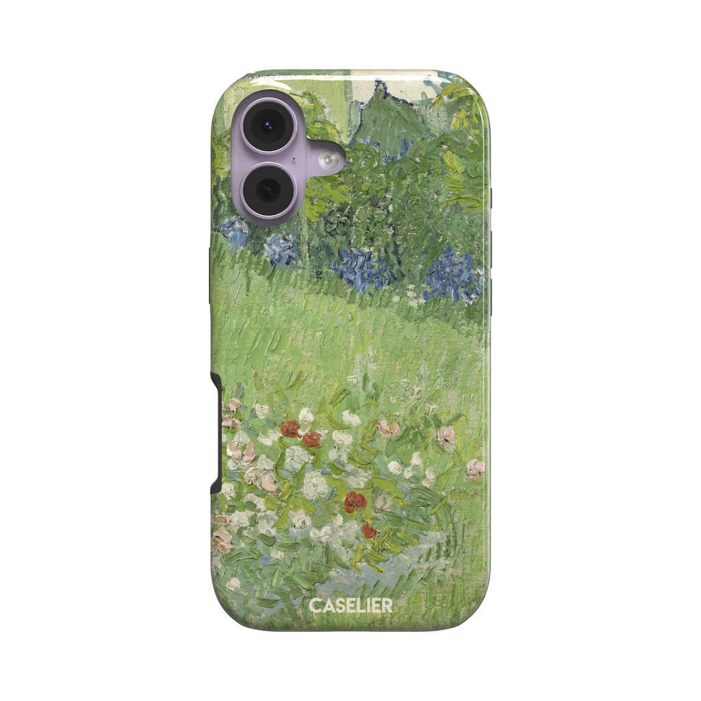 Daubigny's Garden by Vincent van Gogh phone case featuring lush green fields, blue irises, and scattered red and white wildflowers in impasto oil painting style — tough case, front view