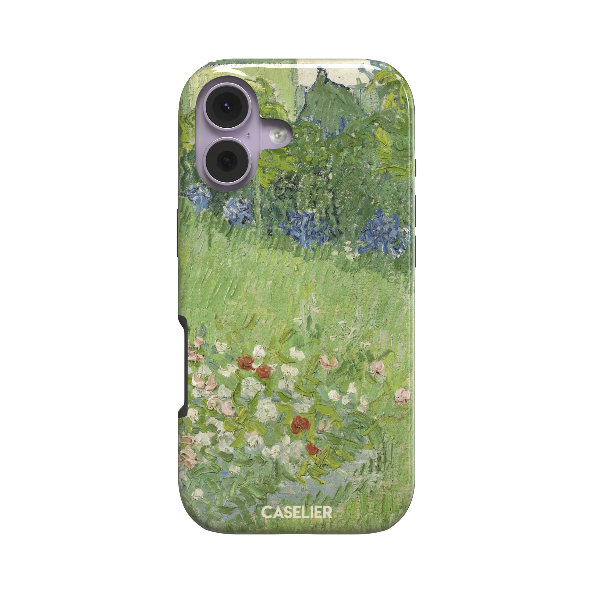Daubigny's Garden by Vincent van Gogh phone case featuring lush green fields, blue irises, and scattered red and white wildflowers in impasto oil painting style — tough case, front view