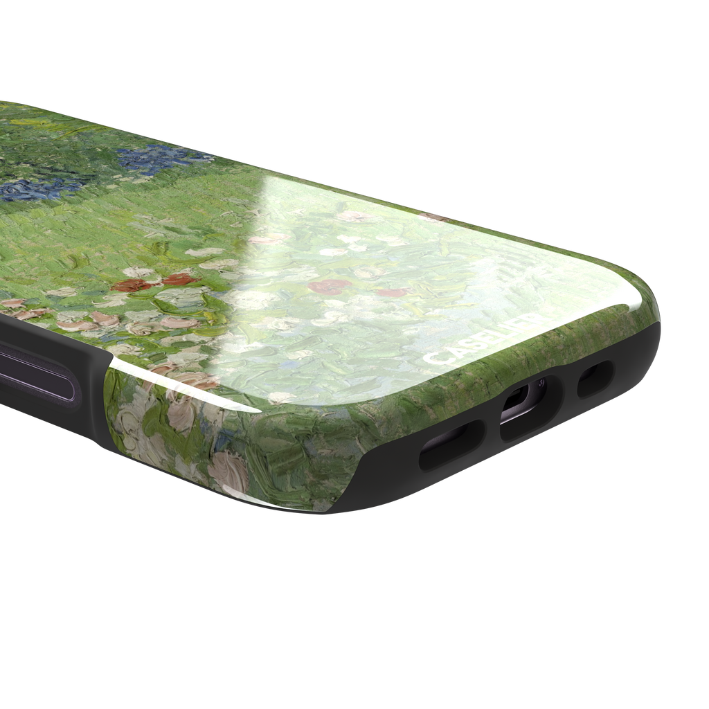 Daubigny's Garden by Vincent van Gogh phone case featuring lush green fields, blue irises, and scattered red and white wildflowers in impasto oil painting style — tough case, charging port detail