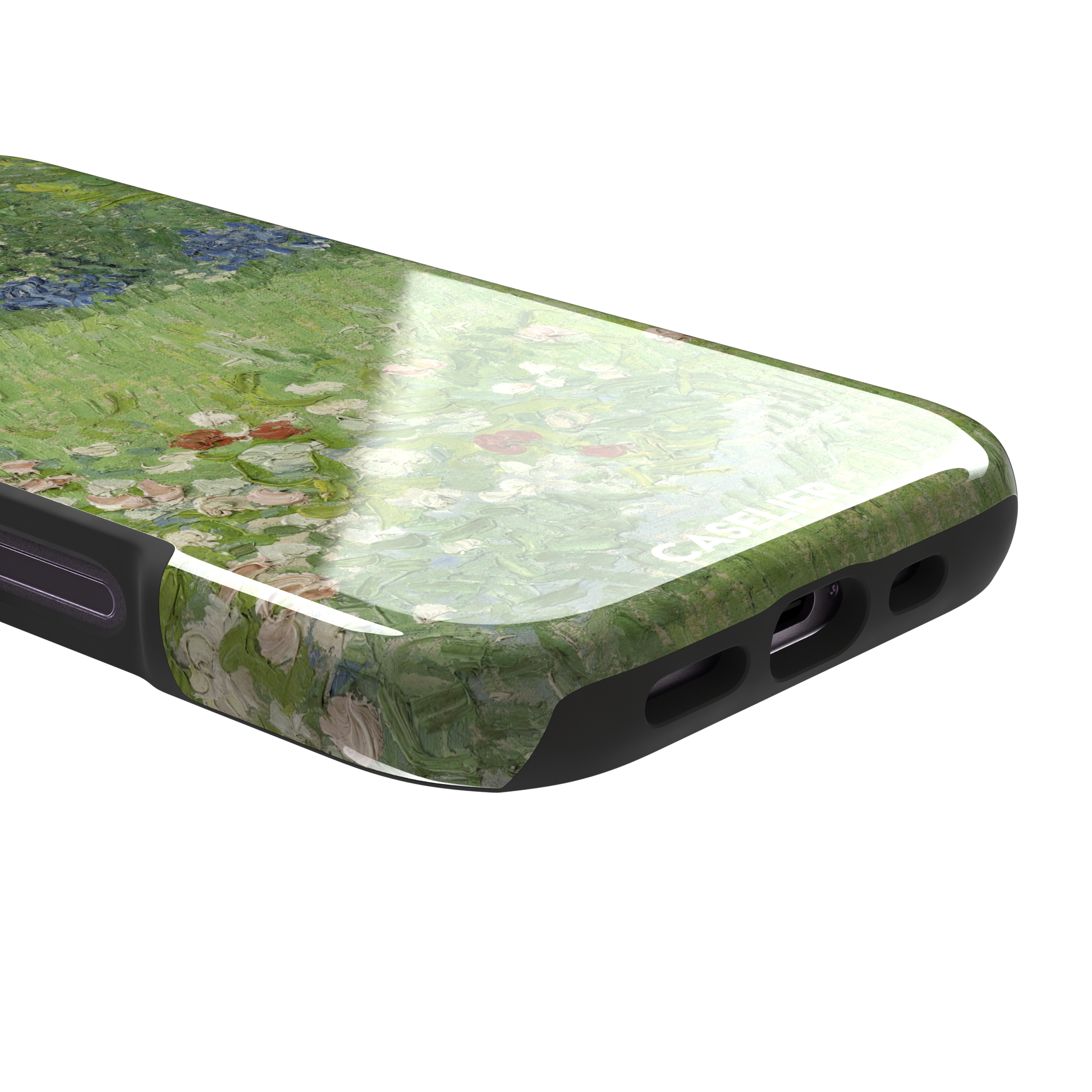 Daubigny's Garden by Vincent van Gogh phone case featuring lush green fields, blue irises, and scattered red and white wildflowers in impasto oil painting style — tough case, charging port detail
