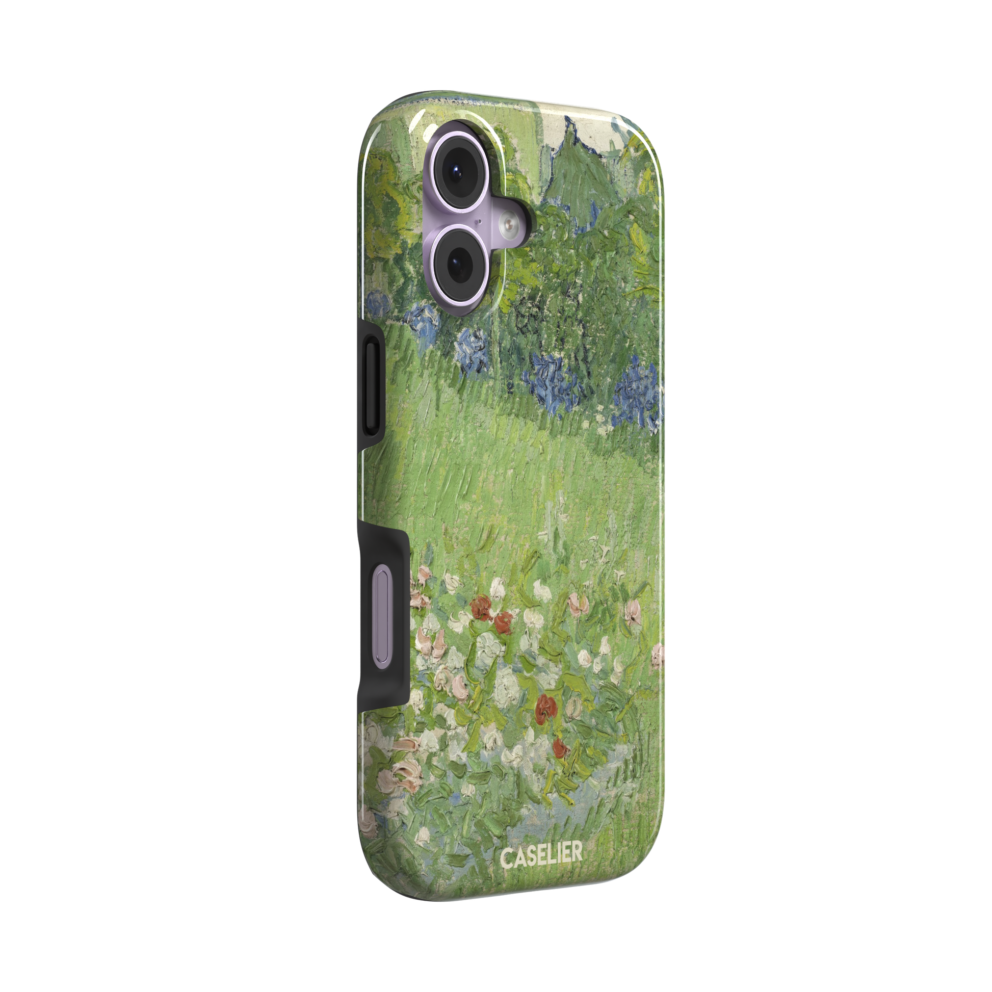Daubigny's Garden by Vincent van Gogh phone case featuring lush green fields, blue irises, and scattered red and white wildflowers in impasto oil painting style — tough case, left view
