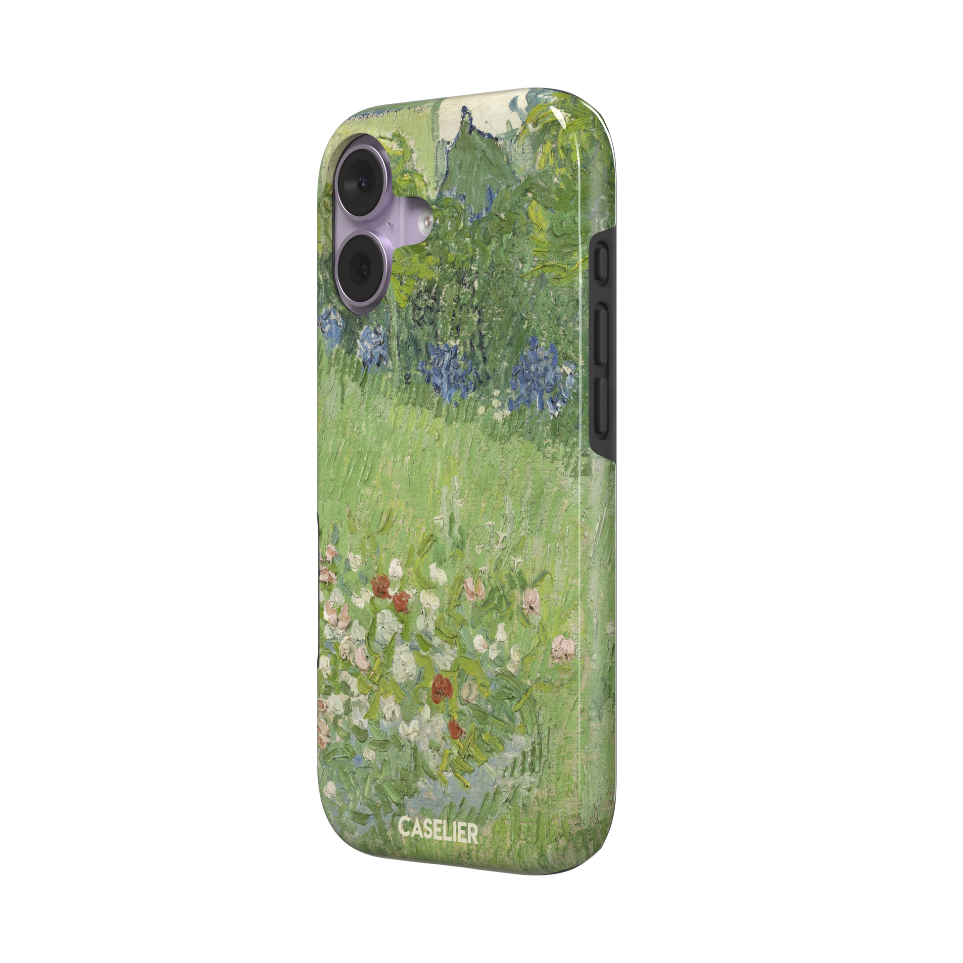 Daubigny's Garden by Vincent van Gogh phone case featuring lush green fields, blue irises, and scattered red and white wildflowers in impasto oil painting style — tough case, right view