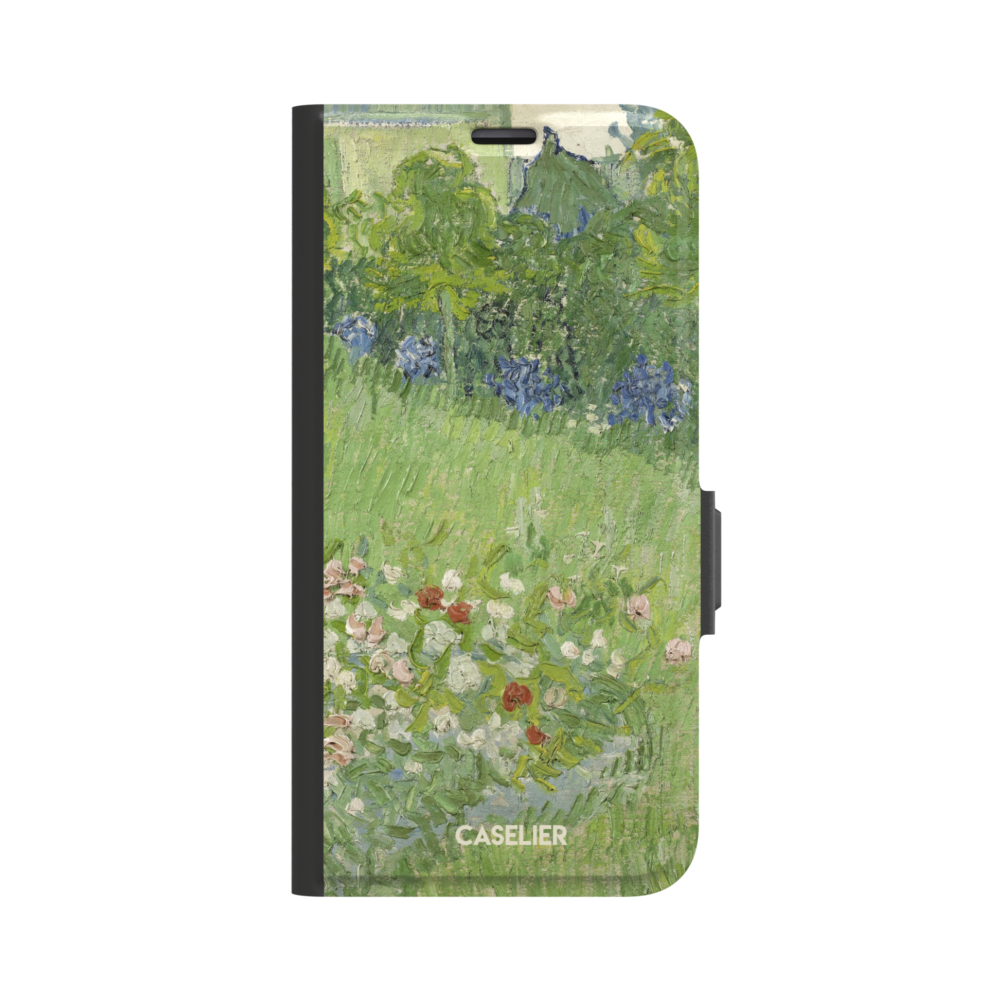 Daubigny's Garden by Vincent van Gogh phone case featuring lush green fields, blue irises, and scattered red and white wildflowers in impasto oil painting style — wallet case, front view