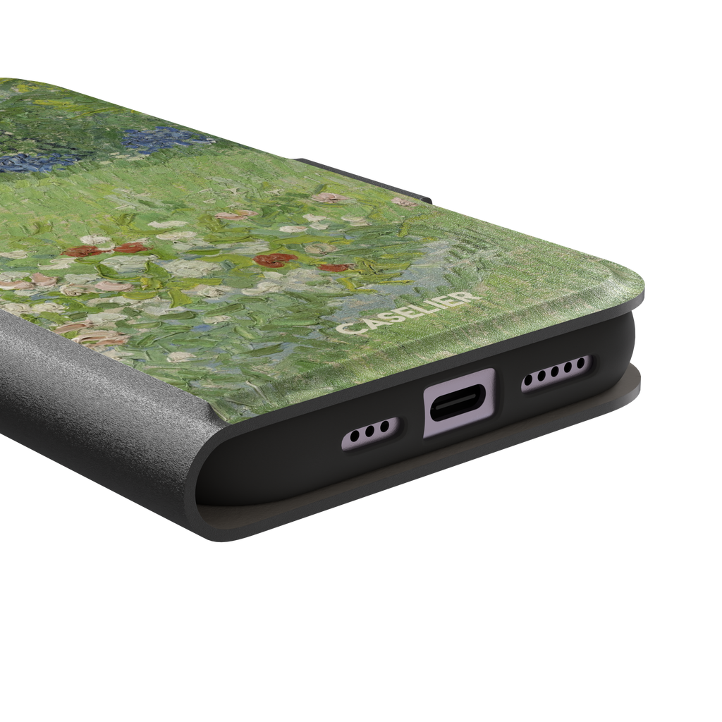 Daubigny's Garden by Vincent van Gogh phone case featuring lush green fields, blue irises, and scattered red and white wildflowers in impasto oil painting style — wallet case, charging port detail