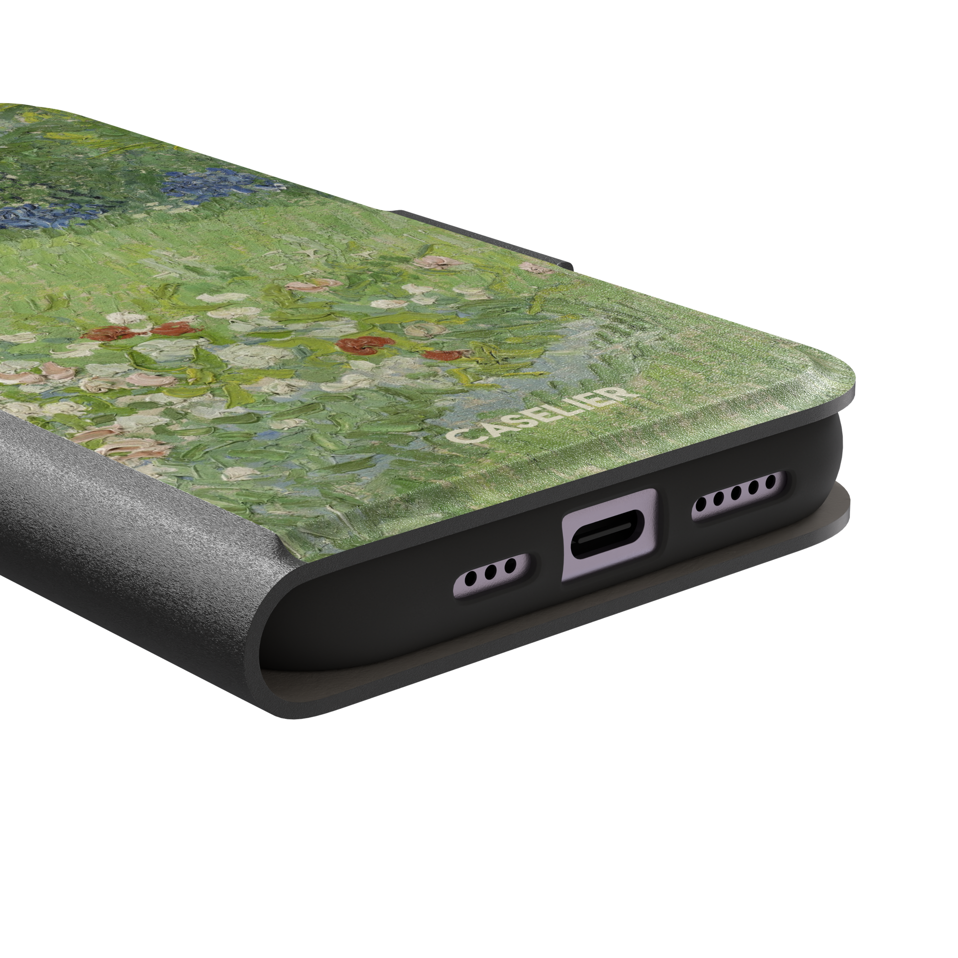 Daubigny's Garden by Vincent van Gogh phone case featuring lush green fields, blue irises, and scattered red and white wildflowers in impasto oil painting style — wallet case, charging port detail