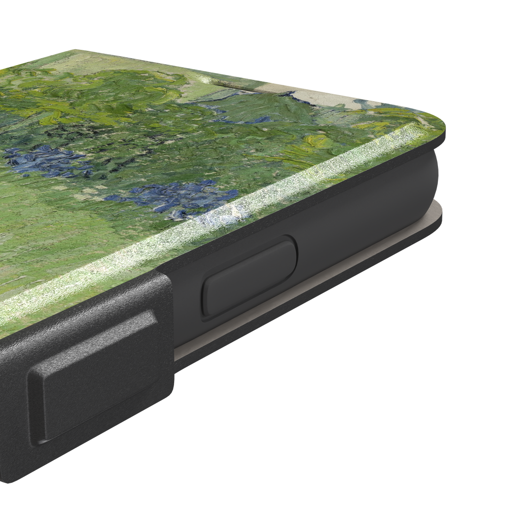 Daubigny's Garden by Vincent van Gogh phone case featuring lush green fields, blue irises, and scattered red and white wildflowers in impasto oil painting style — wallet case, volume buttons detail
