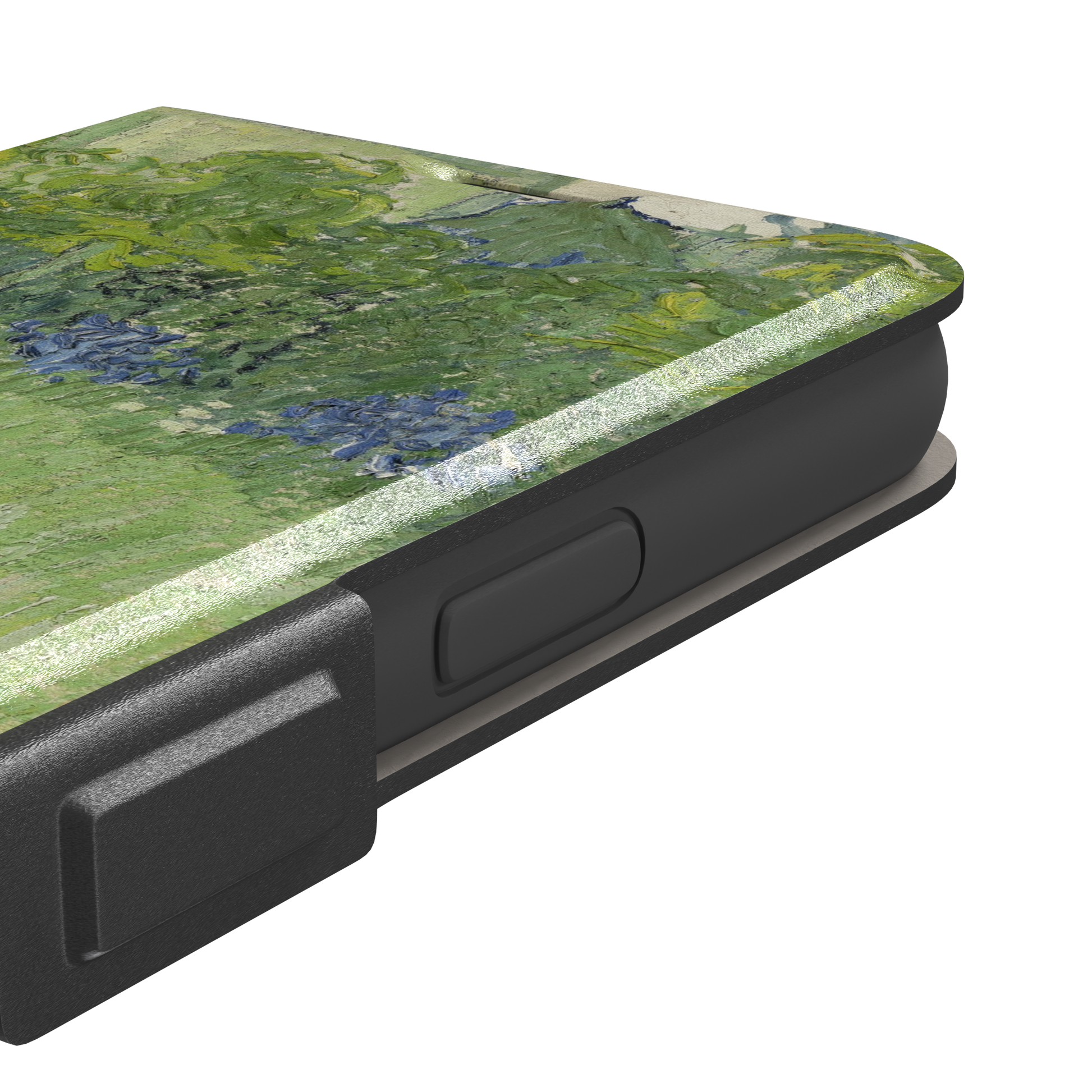 Daubigny's Garden by Vincent van Gogh phone case featuring lush green fields, blue irises, and scattered red and white wildflowers in impasto oil painting style — wallet case, volume buttons detail