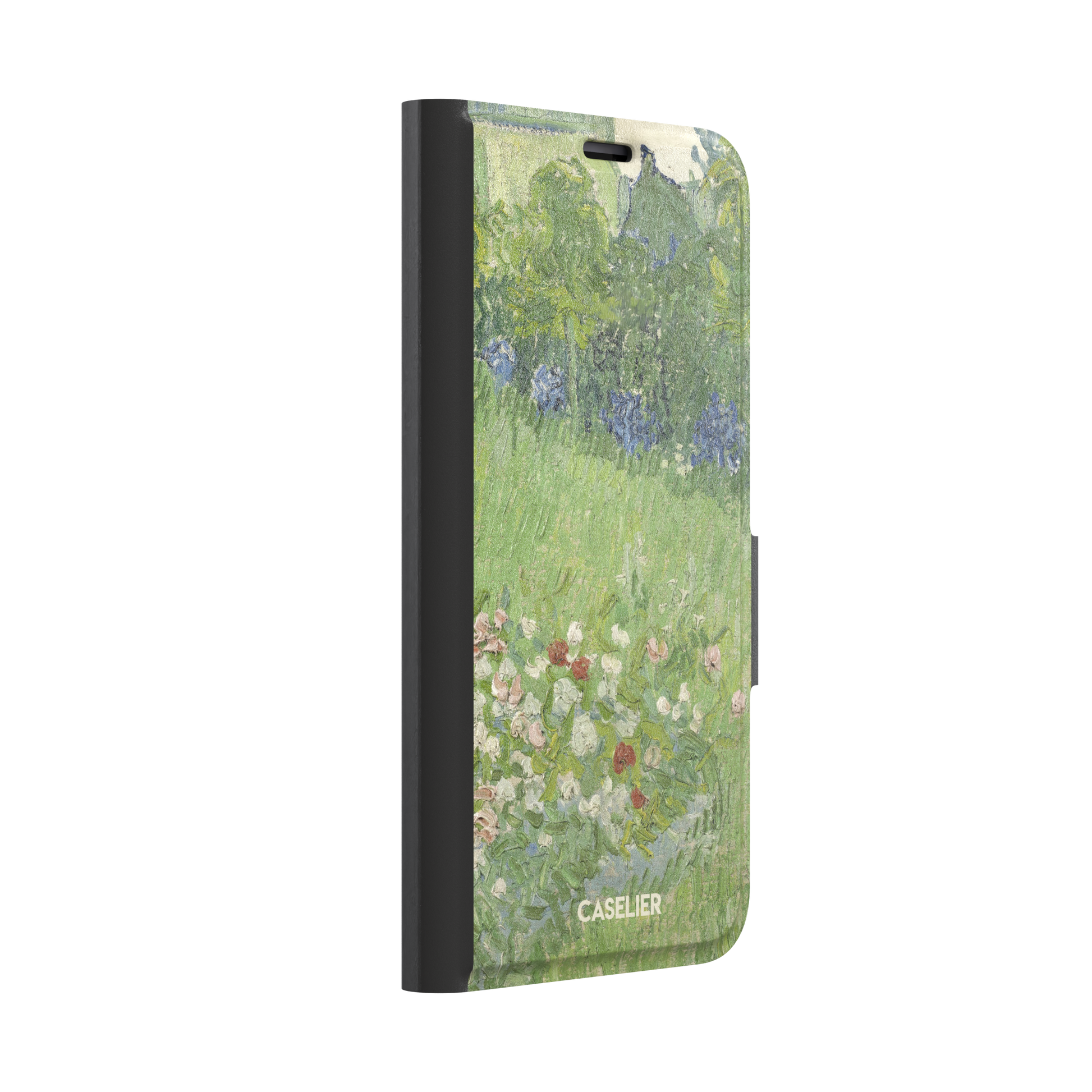 Daubigny's Garden by Vincent van Gogh phone case featuring lush green fields, blue irises, and scattered red and white wildflowers in impasto oil painting style — wallet case, left view