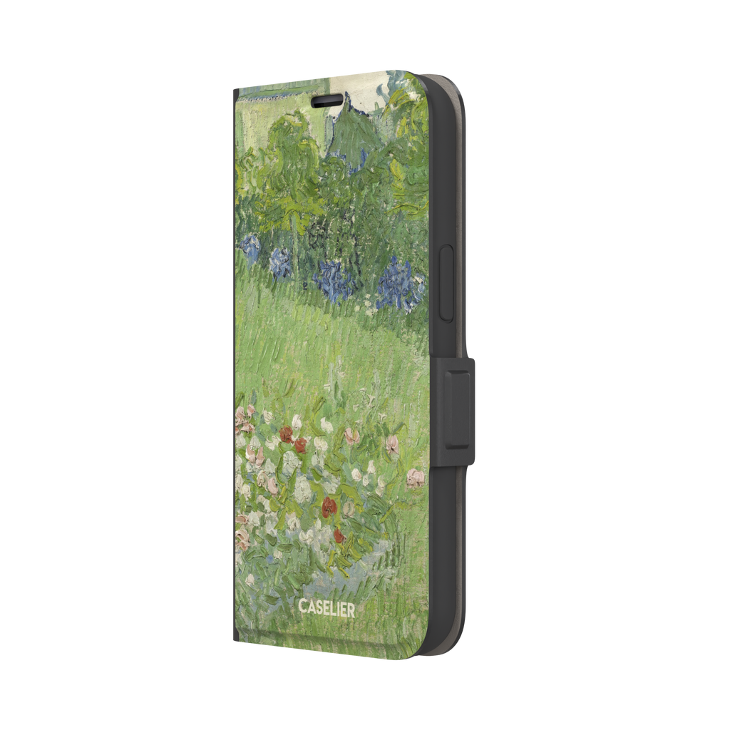 Daubigny's Garden by Vincent van Gogh phone case featuring lush green fields, blue irises, and scattered red and white wildflowers in impasto oil painting style — wallet case, right view