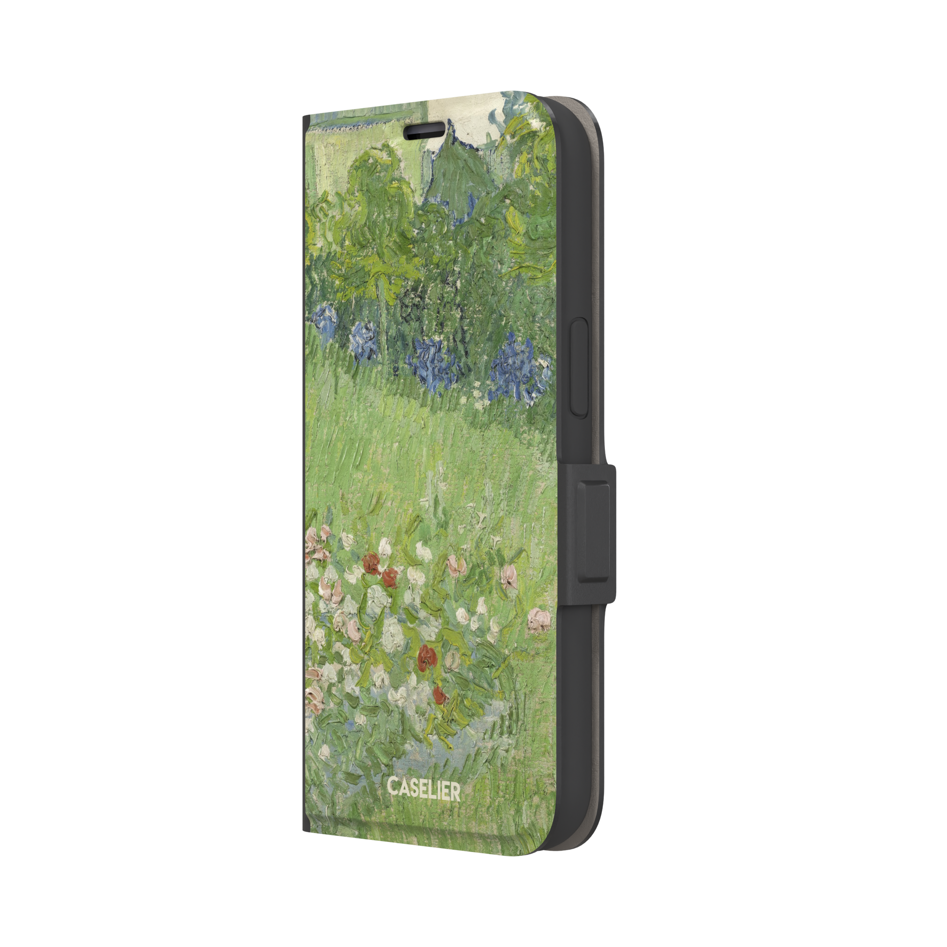 Daubigny's Garden by Vincent van Gogh phone case featuring lush green fields, blue irises, and scattered red and white wildflowers in impasto oil painting style — wallet case, right view