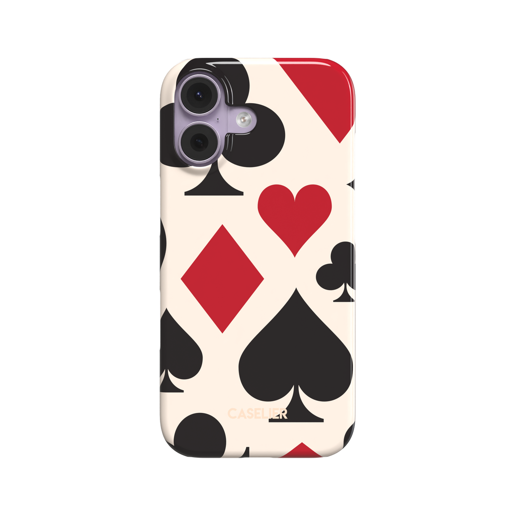 Slim phone case featuring an oversized playing card suits pattern — black clubs and spades, red hearts and diamonds — on a cream background, front-facing view, phone case by Caselier - snap case, front view | Caselier