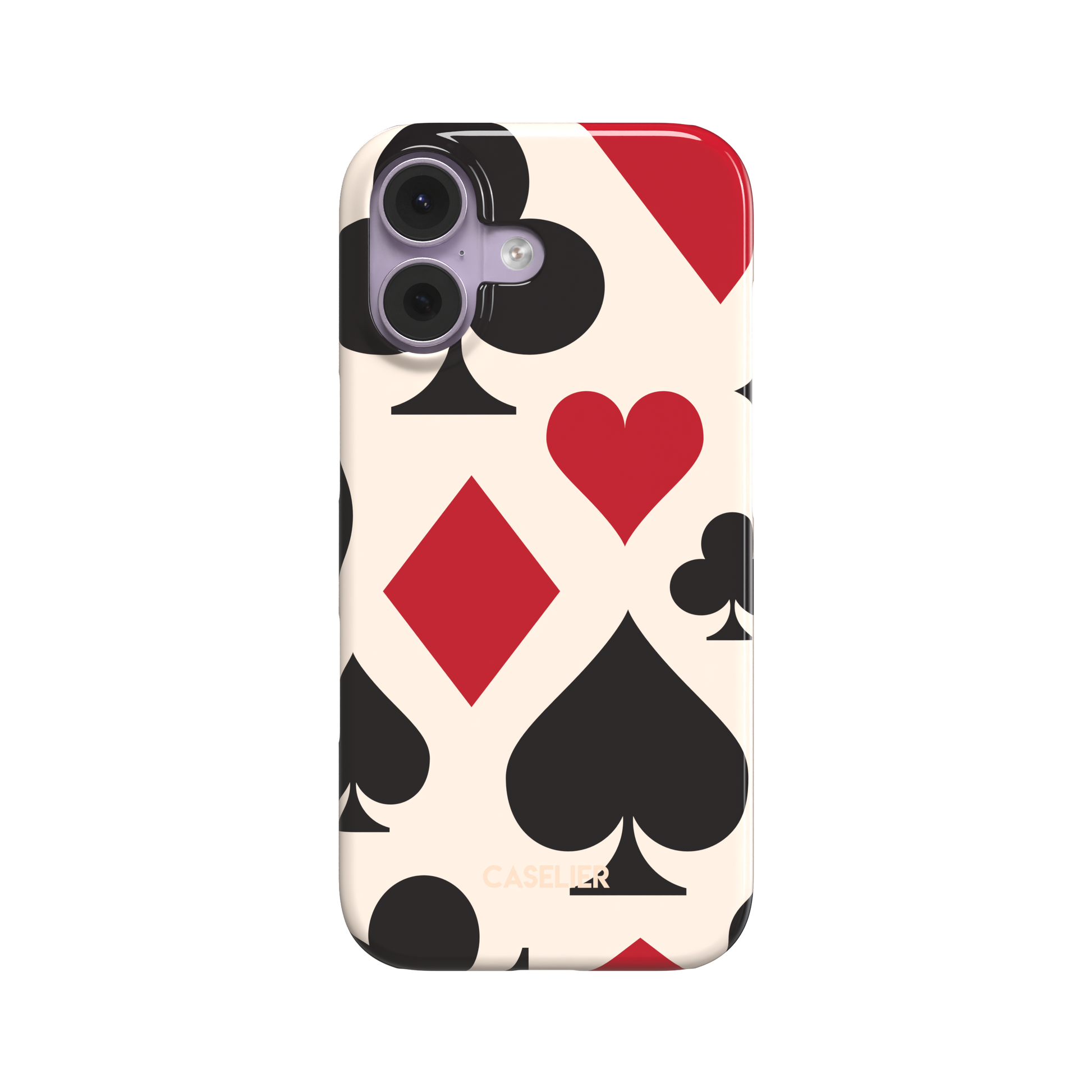 Slim phone case featuring an oversized playing card suits pattern — black clubs and spades, red hearts and diamonds — on a cream background, front-facing view, phone case by Caselier - snap case, front view | Caselier