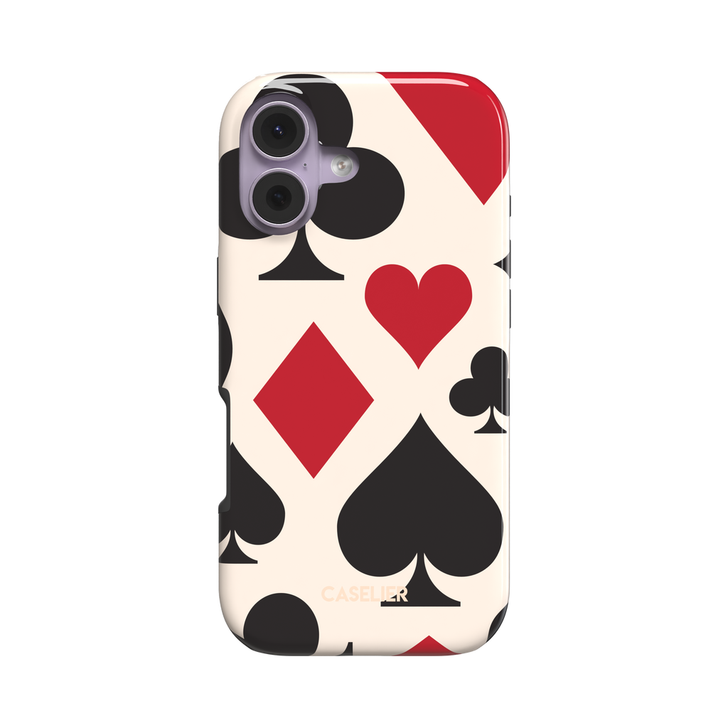 Tough phone case with bold playing card suits pattern in black and red on cream, slightly angled rear view showing case depth and glossy finish, phone case by Caselier - tough case, front view | Caselier