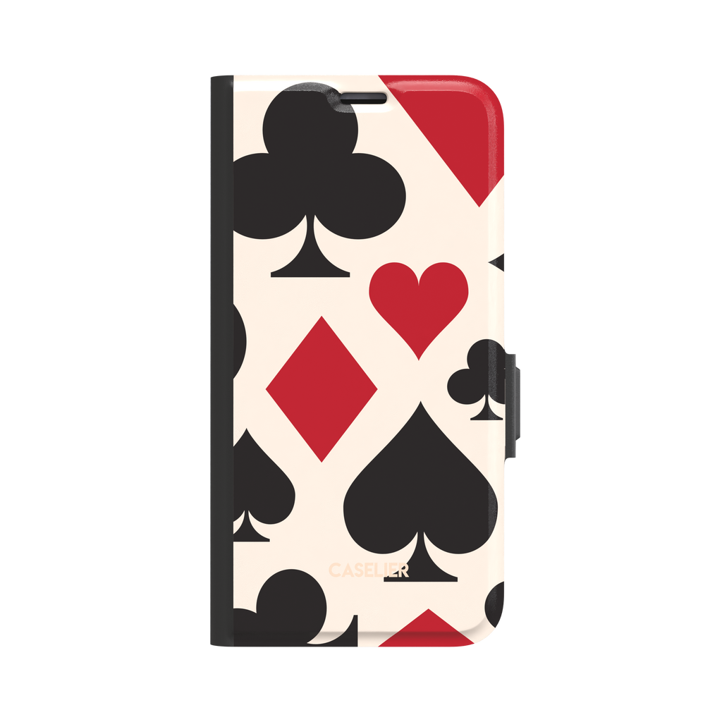 Wallet flip case featuring the Decks playing card suits pattern in black and red on cream, closed folio view with black spine and magnetic clasp, phone case by Caselier - wallet case, front view | Caselier
