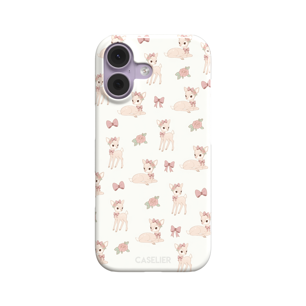 White phone case featuring a repeat pattern of illustrated fawns with pink bows and roses in a soft coquette style, phone case by Caselier — snap case, front view