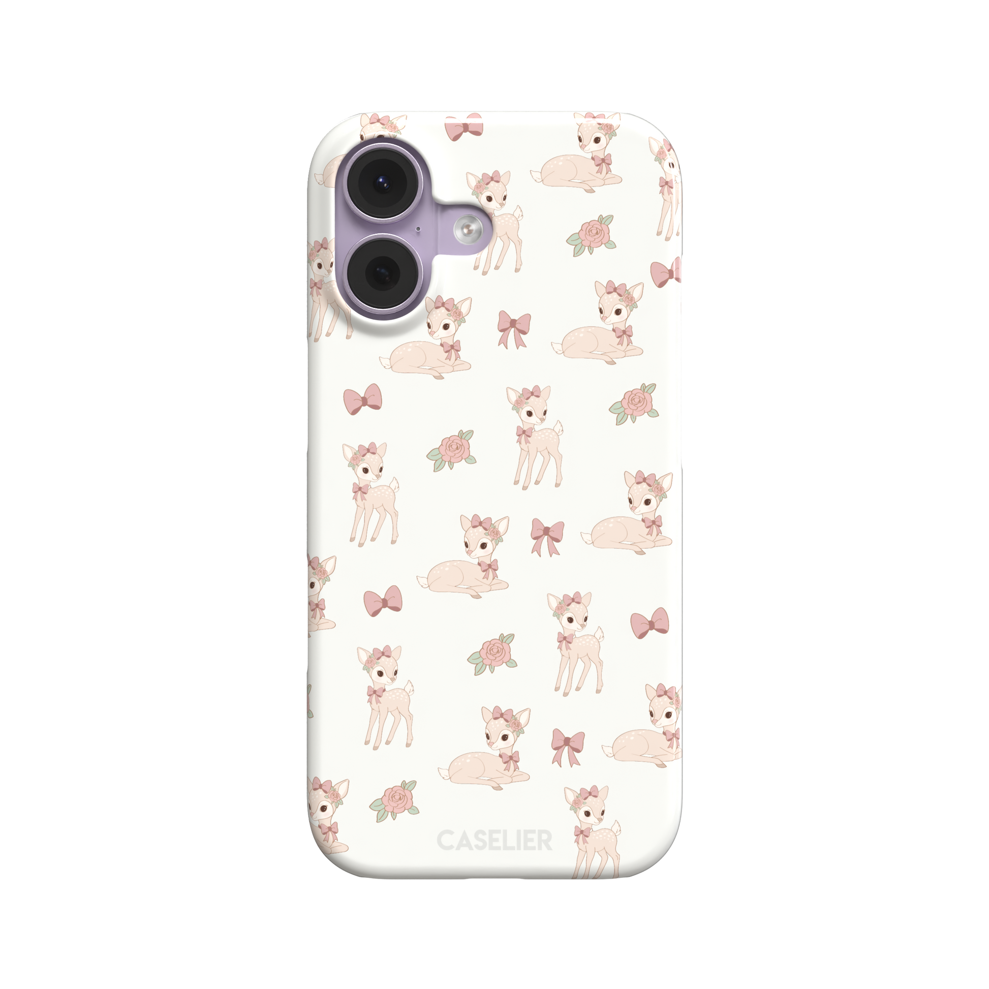 White phone case featuring a repeat pattern of illustrated fawns with pink bows and roses in a soft coquette style, phone case by Caselier — snap case, front view