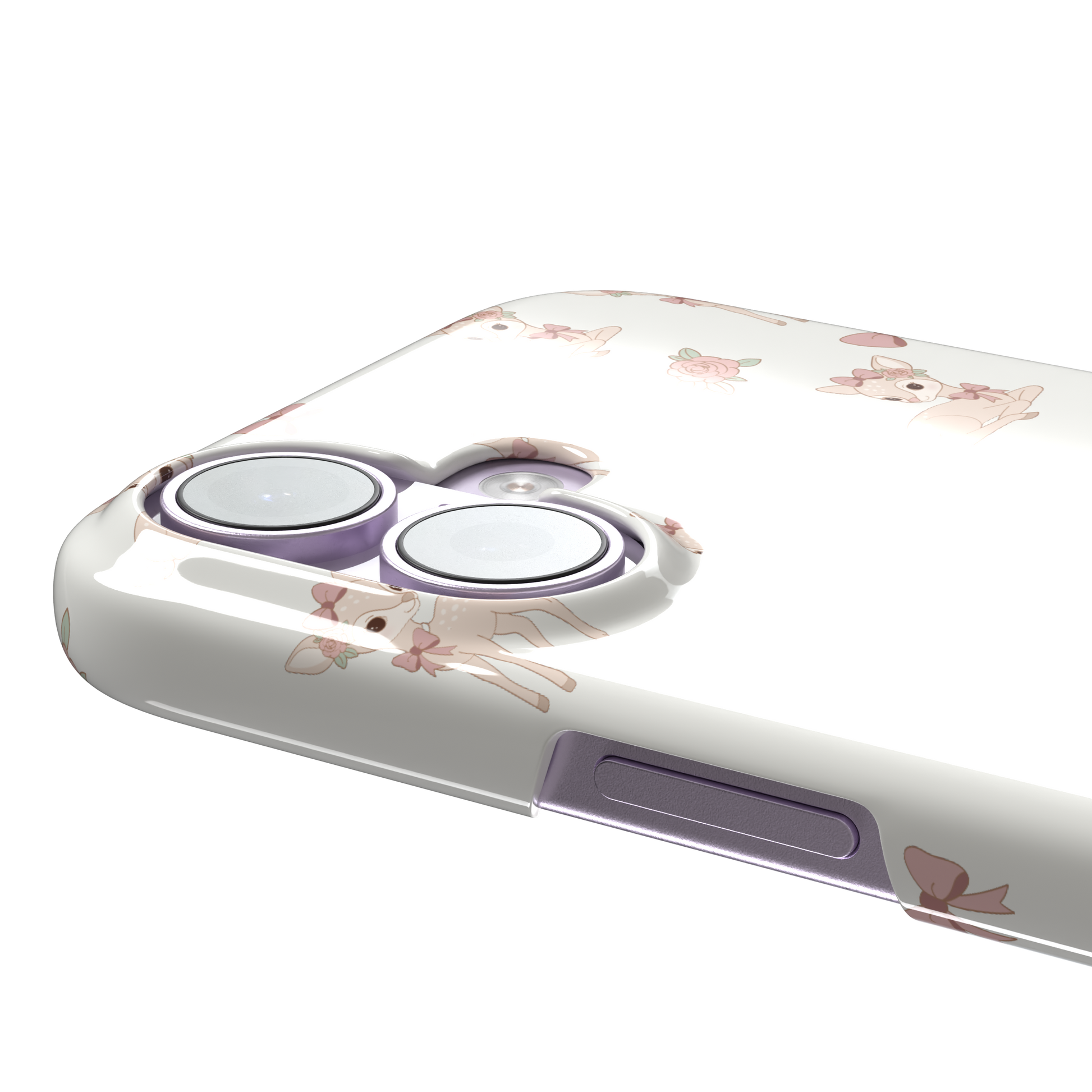 White phone case featuring a repeat pattern of illustrated fawns with pink bows and roses in a soft coquette style, phone case by Caselier — snap case, volume buttons detail