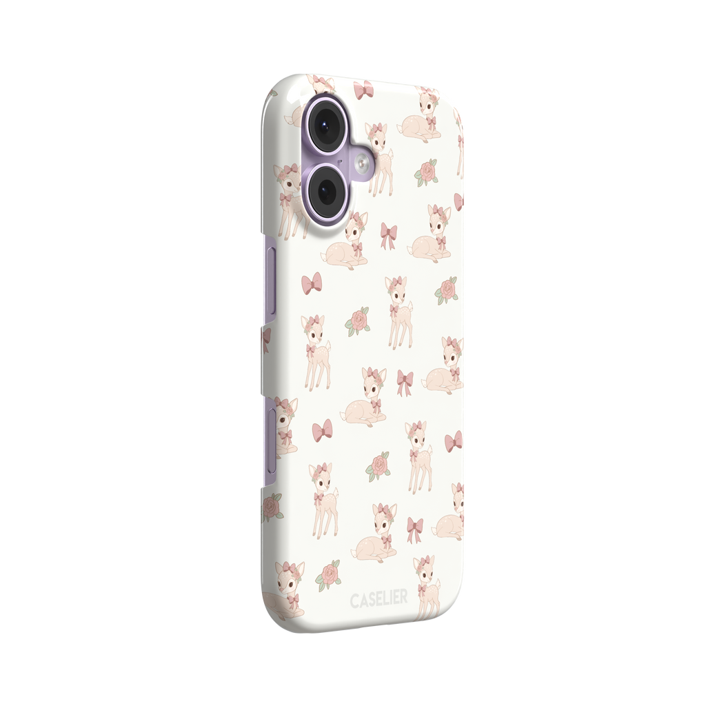 White phone case featuring a repeat pattern of illustrated fawns with pink bows and roses in a soft coquette style, phone case by Caselier — snap case, left view