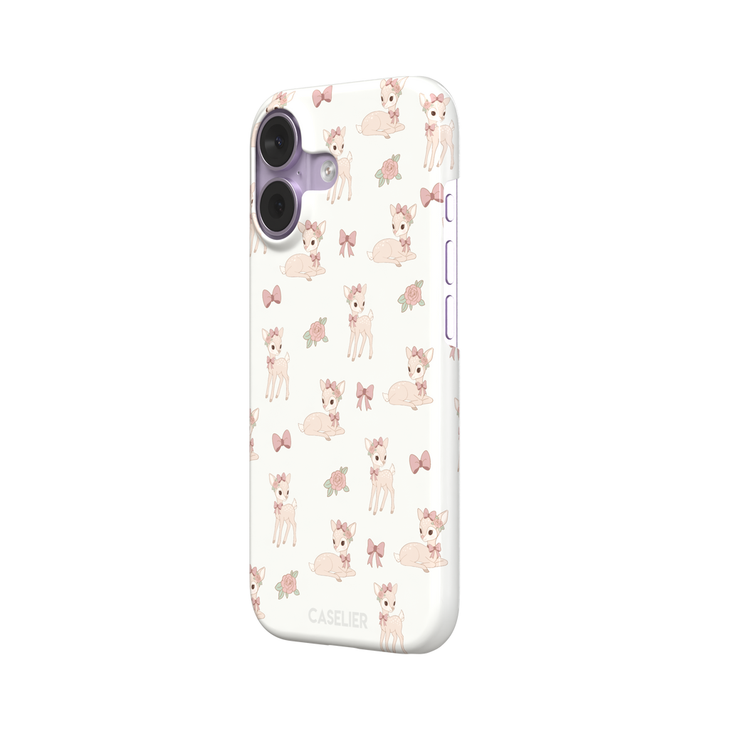 White phone case featuring a repeat pattern of illustrated fawns with pink bows and roses in a soft coquette style, phone case by Caselier — snap case, right view