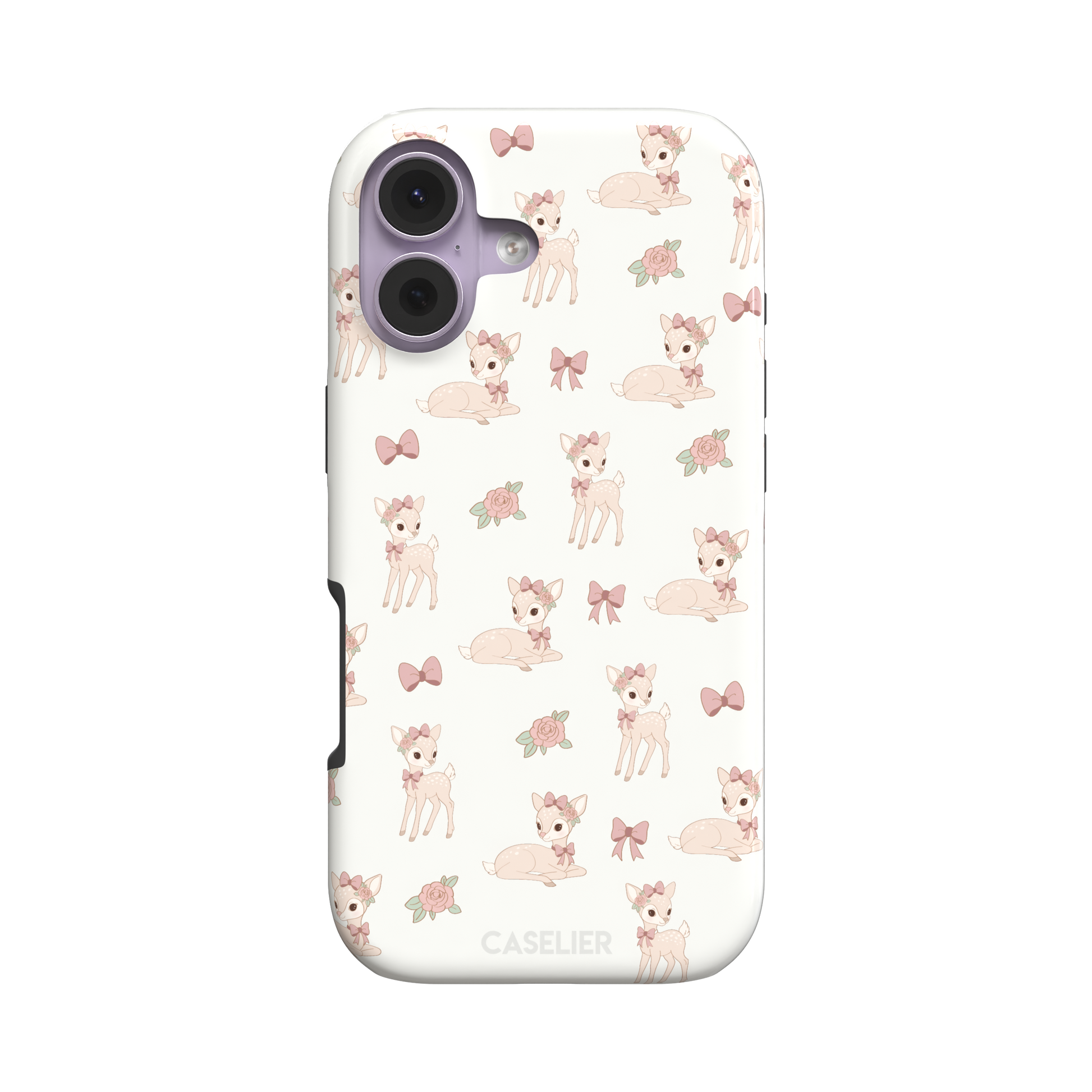 White phone case featuring a repeat pattern of illustrated fawns with pink bows and roses in a soft coquette style, phone case by Caselier — tough case, front view