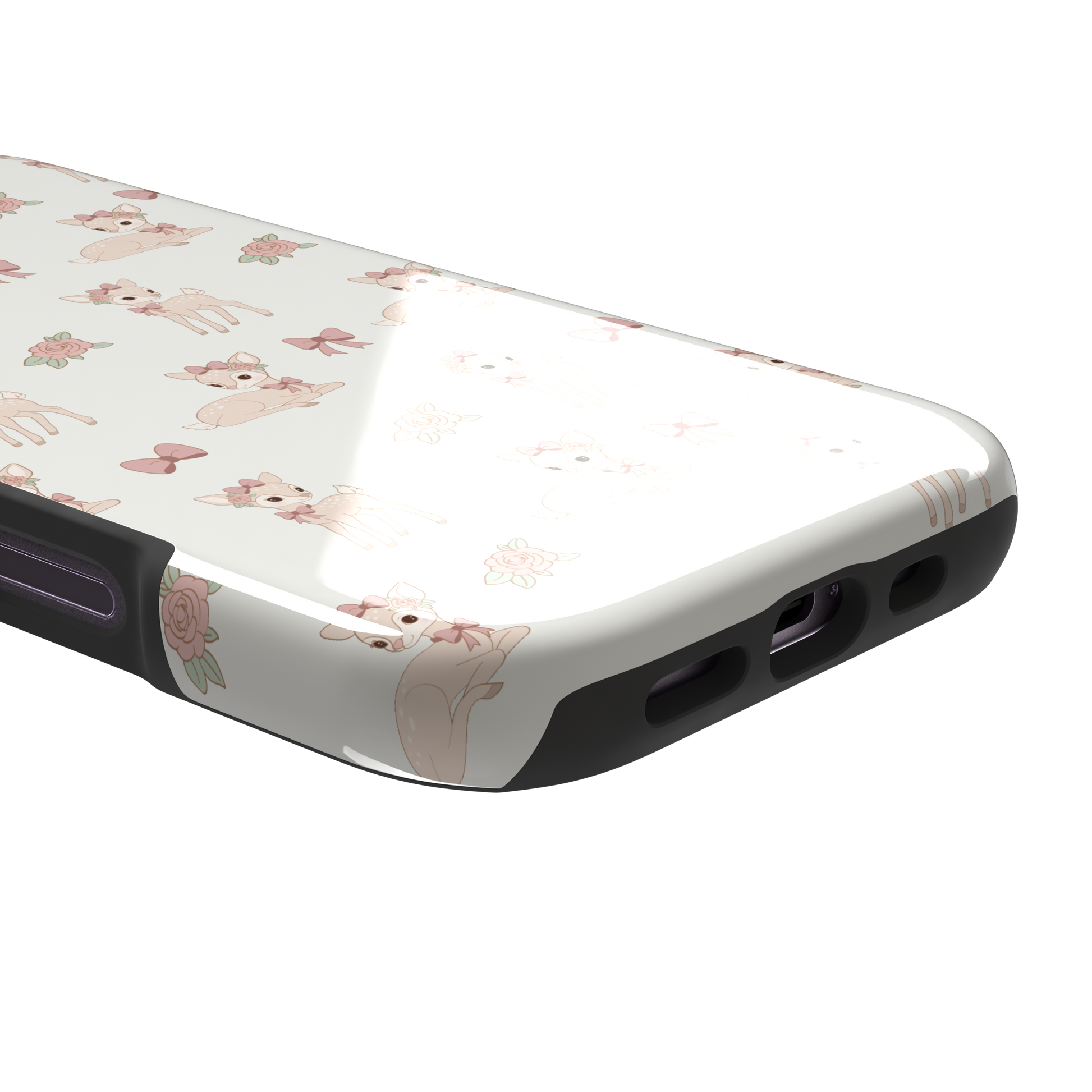 White phone case featuring a repeat pattern of illustrated fawns with pink bows and roses in a soft coquette style, phone case by Caselier — tough case, charging port detail