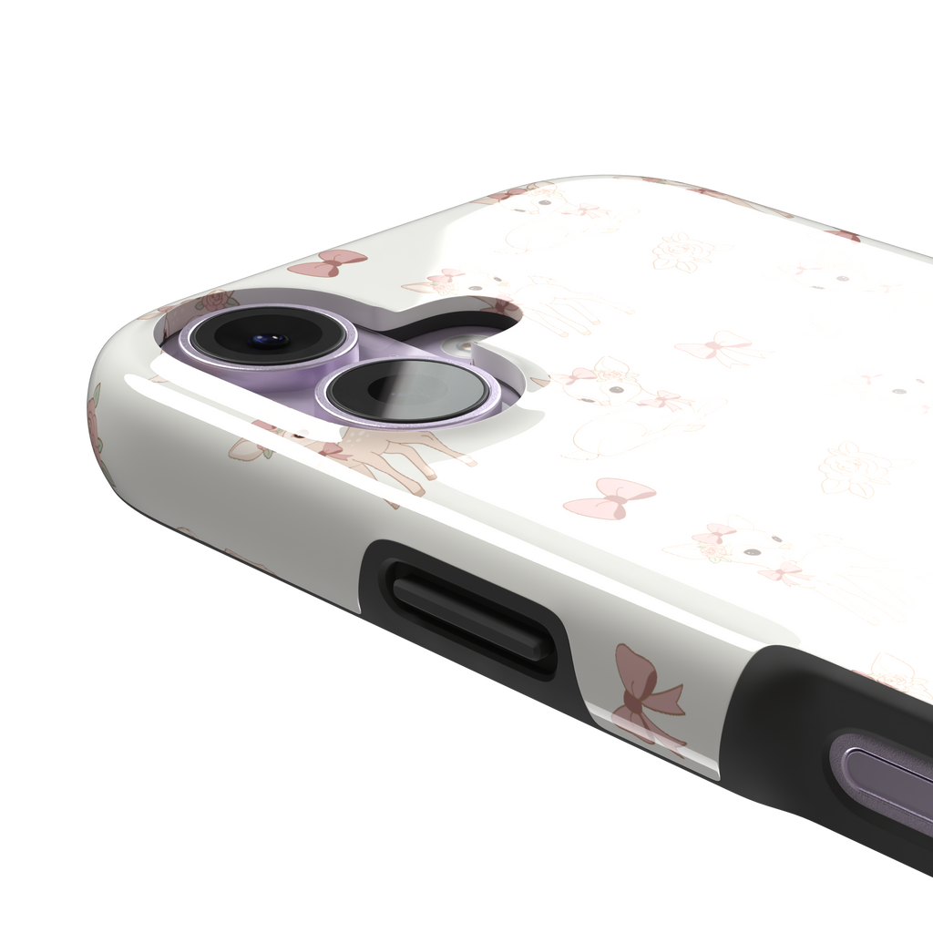 White phone case featuring a repeat pattern of illustrated fawns with pink bows and roses in a soft coquette style, phone case by Caselier — tough case, volume buttons detail