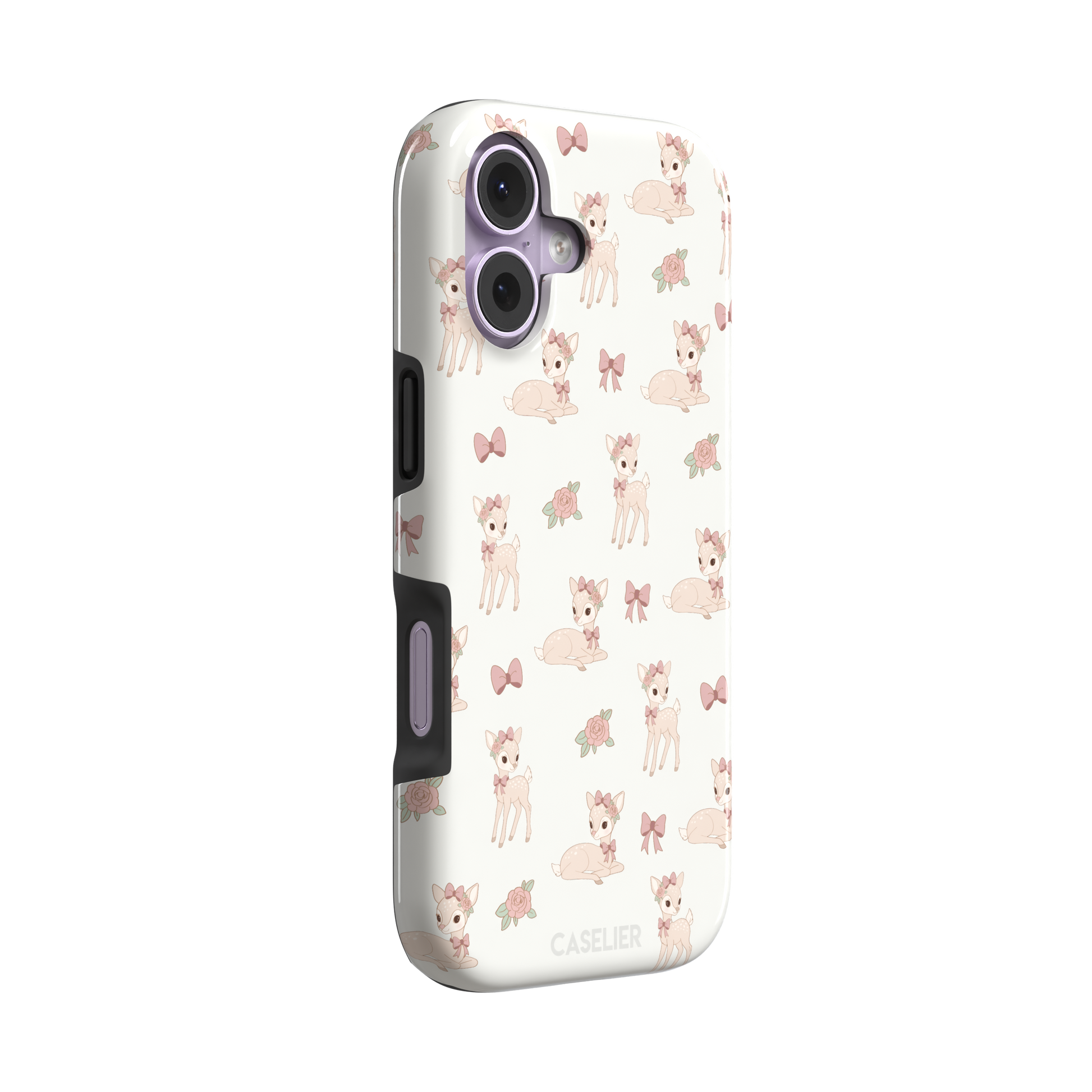 White phone case featuring a repeat pattern of illustrated fawns with pink bows and roses in a soft coquette style, phone case by Caselier — tough case, left view