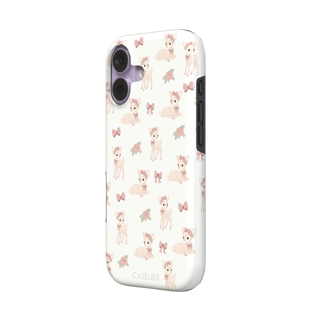 White phone case featuring a repeat pattern of illustrated fawns with pink bows and roses in a soft coquette style, phone case by Caselier — tough case, right view