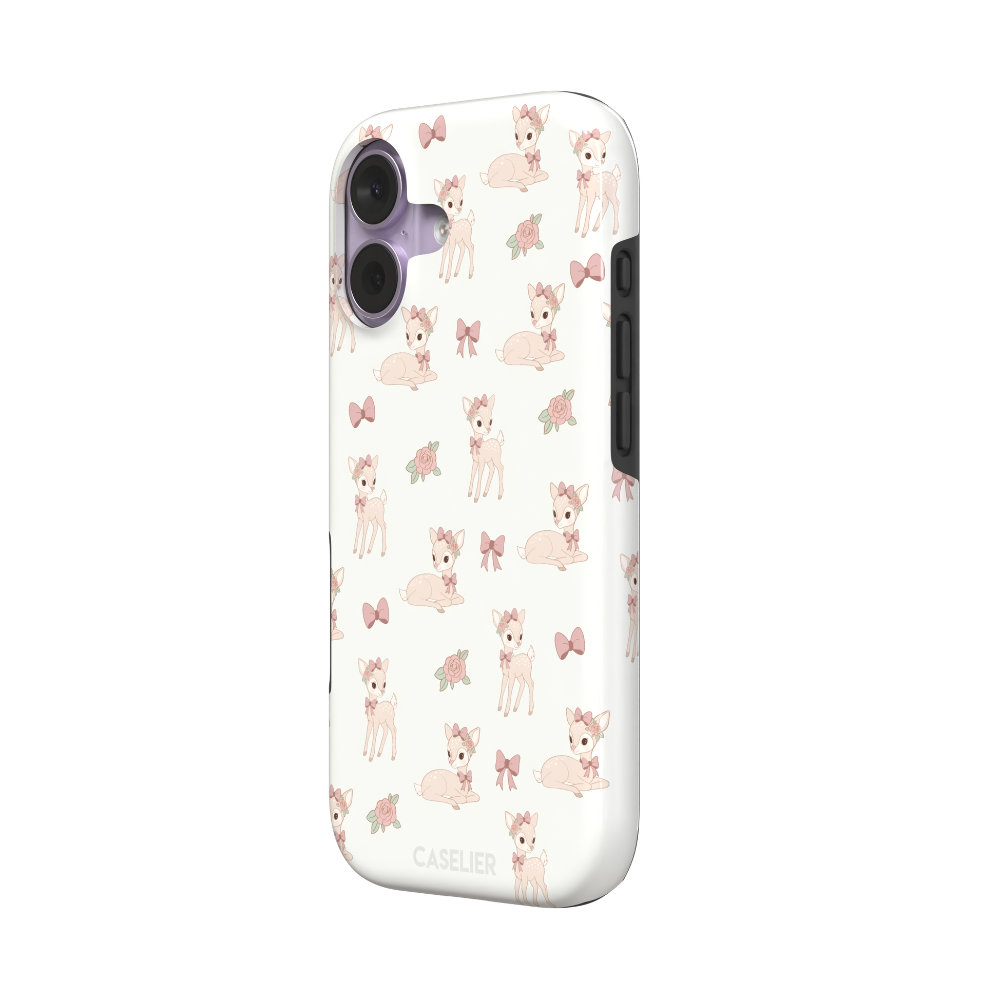 White phone case featuring a repeat pattern of illustrated fawns with pink bows and roses in a soft coquette style, phone case by Caselier — tough case, right view