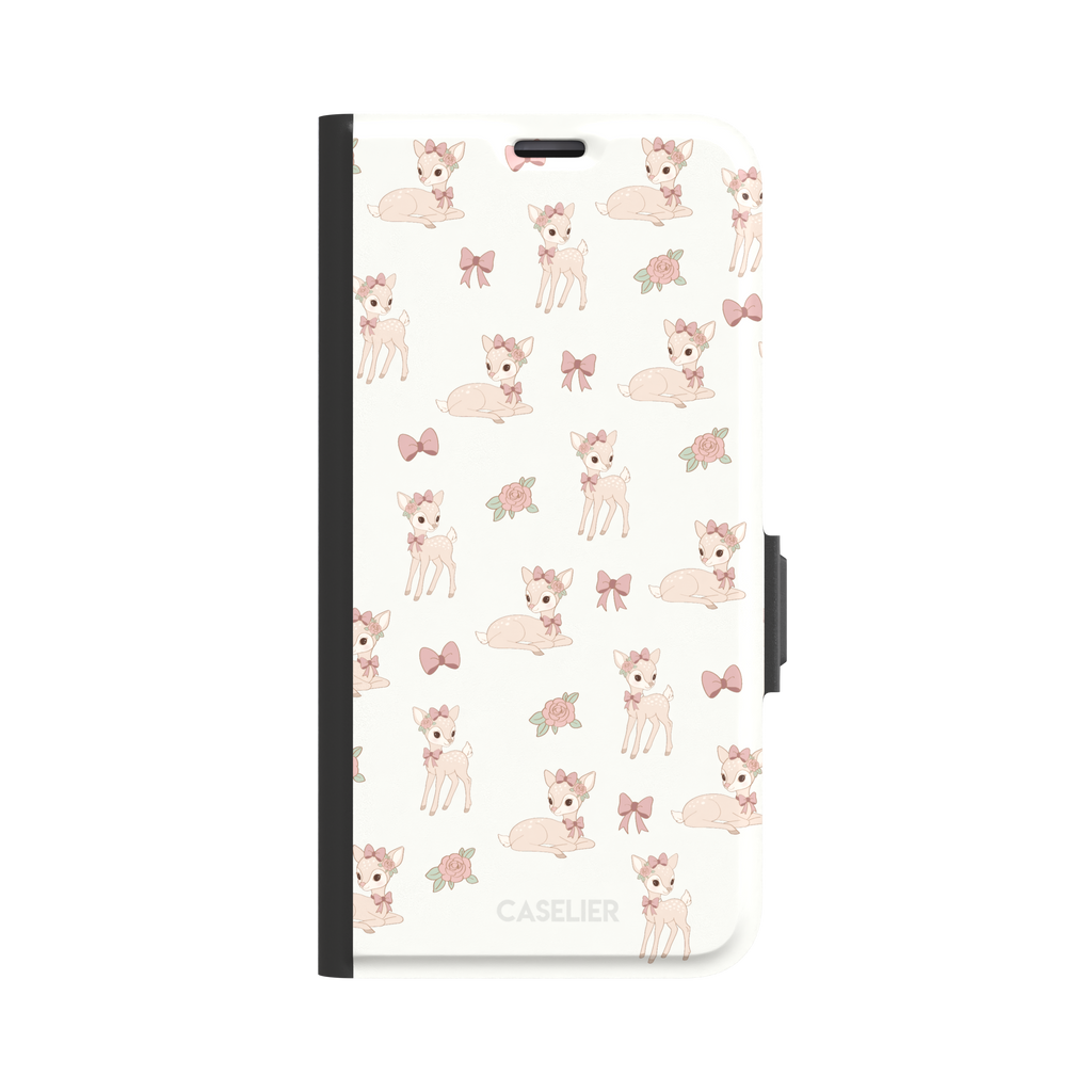 White phone case featuring a repeat pattern of illustrated fawns with pink bows and roses in a soft coquette style, phone case by Caselier — wallet case, front view