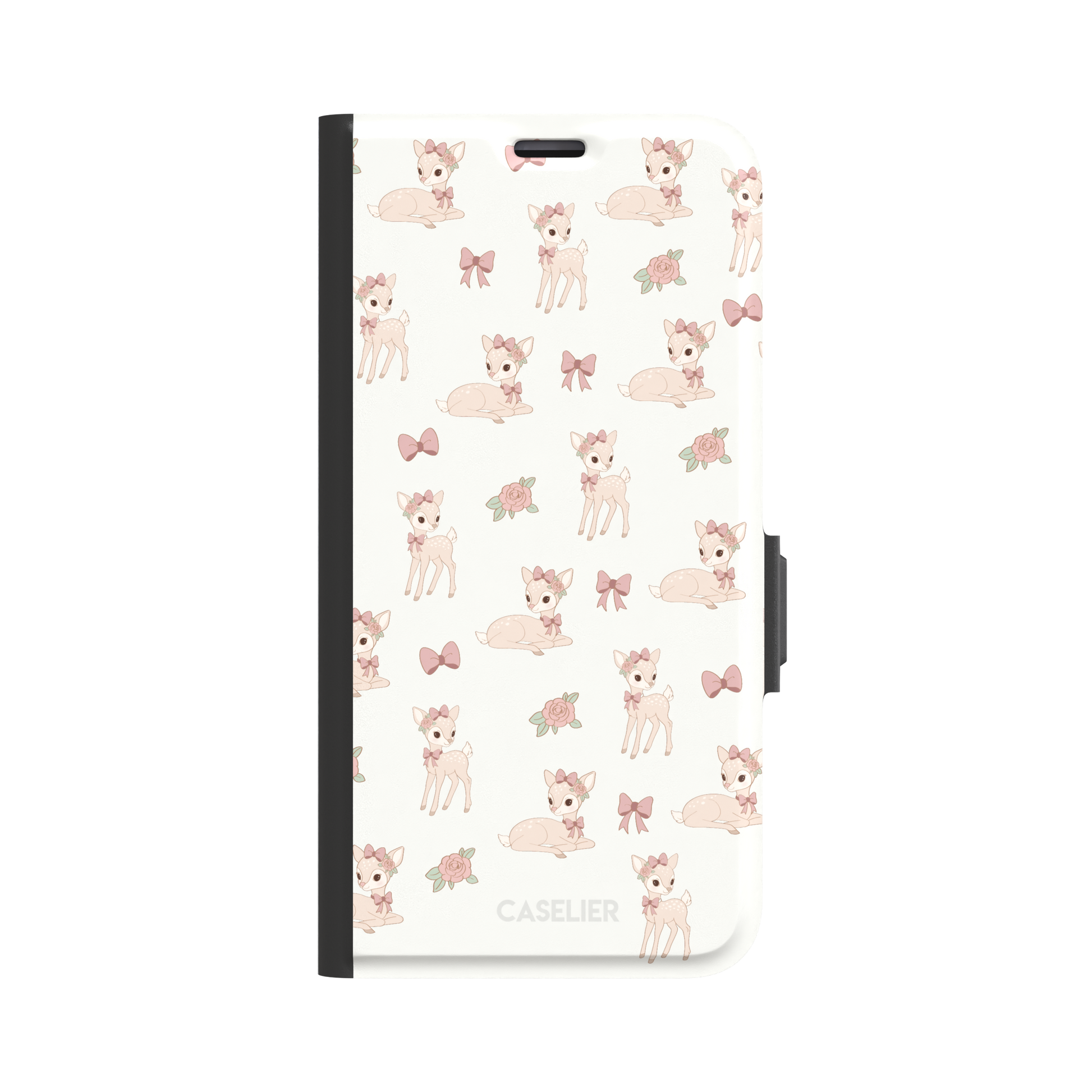 White phone case featuring a repeat pattern of illustrated fawns with pink bows and roses in a soft coquette style, phone case by Caselier — wallet case, front view