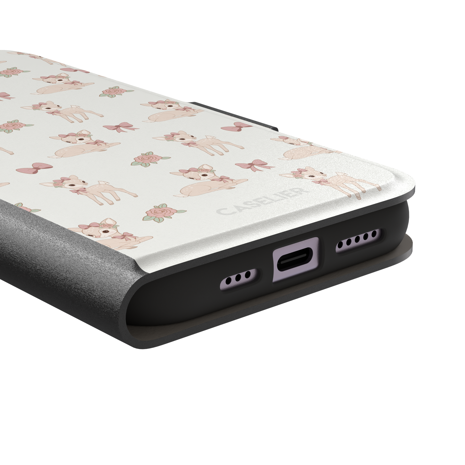 White phone case featuring a repeat pattern of illustrated fawns with pink bows and roses in a soft coquette style, phone case by Caselier — wallet case, charging port detail
