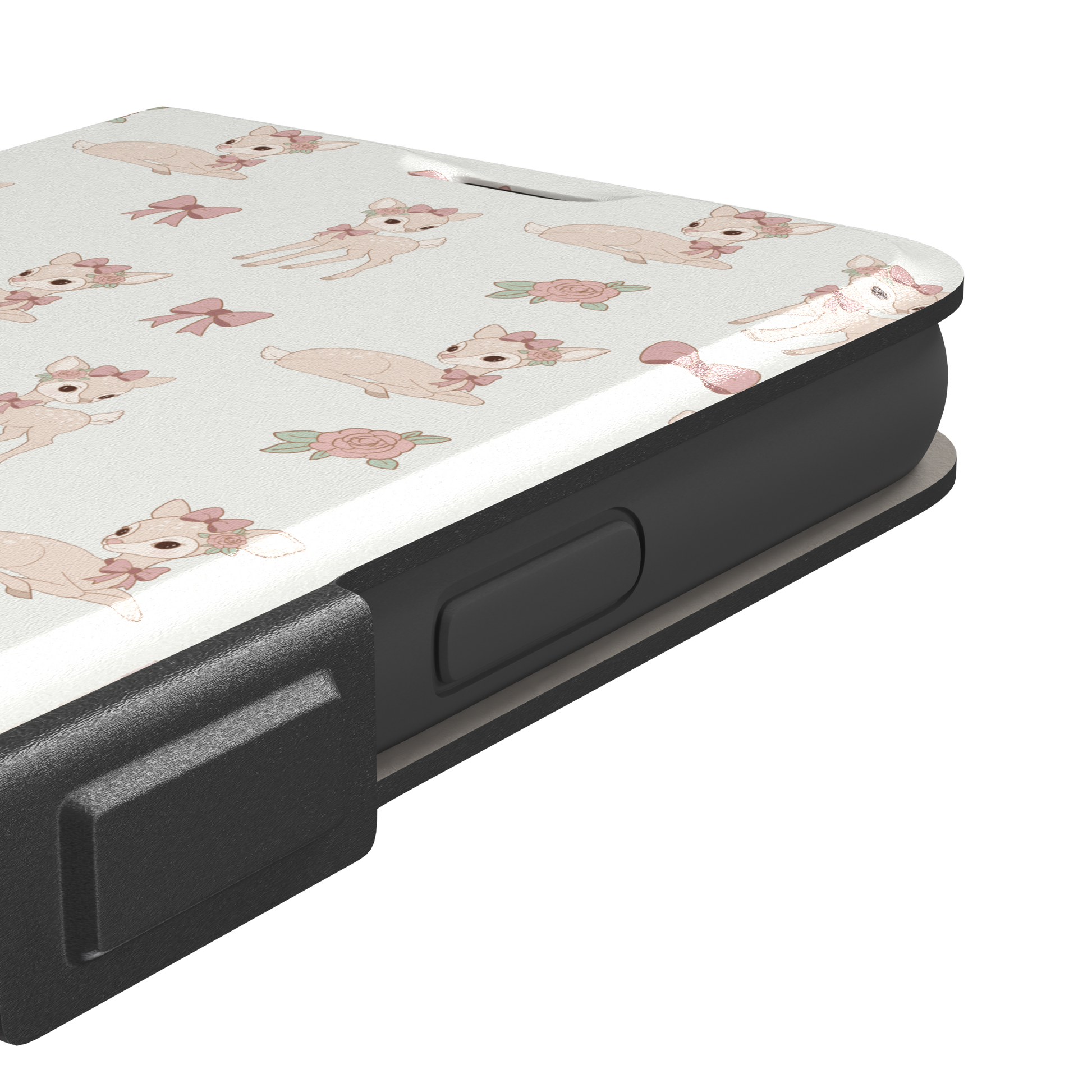 White phone case featuring a repeat pattern of illustrated fawns with pink bows and roses in a soft coquette style, phone case by Caselier — wallet case, volume buttons detail