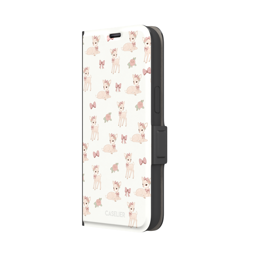 White phone case featuring a repeat pattern of illustrated fawns with pink bows and roses in a soft coquette style, phone case by Caselier — wallet case, right view
